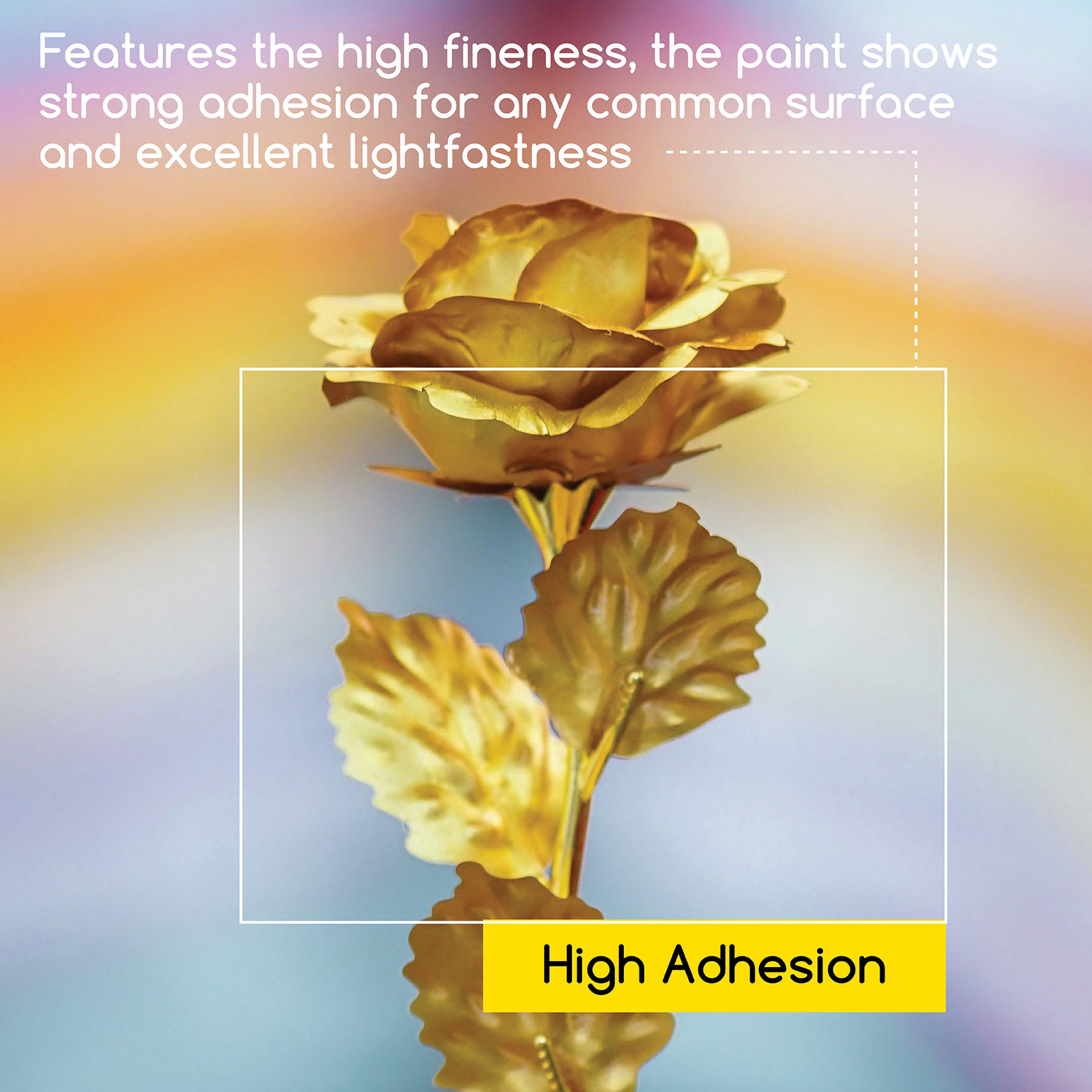 High adhesion. Features the high fineness, the paint shows strong adhesion for any common surface and excellent lightfastness.