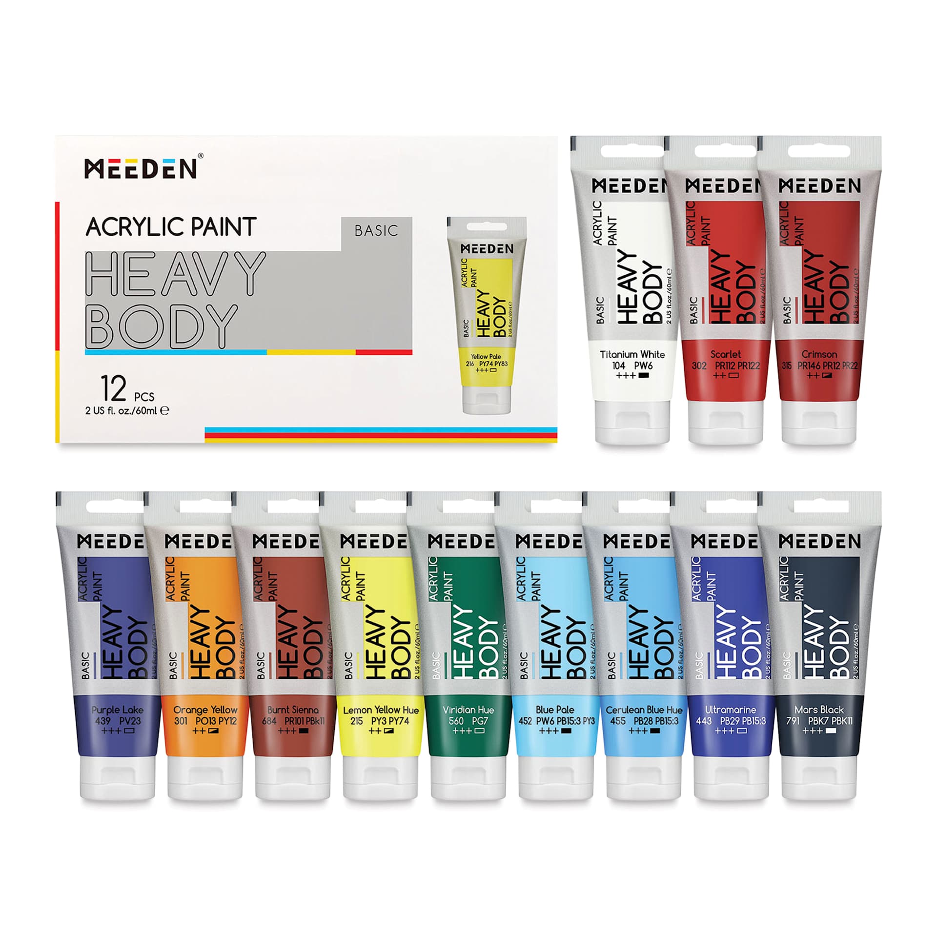 Meeden Heavy Body Acrylic Paints- Set of 12, Basic Colors, 60 ml tubes