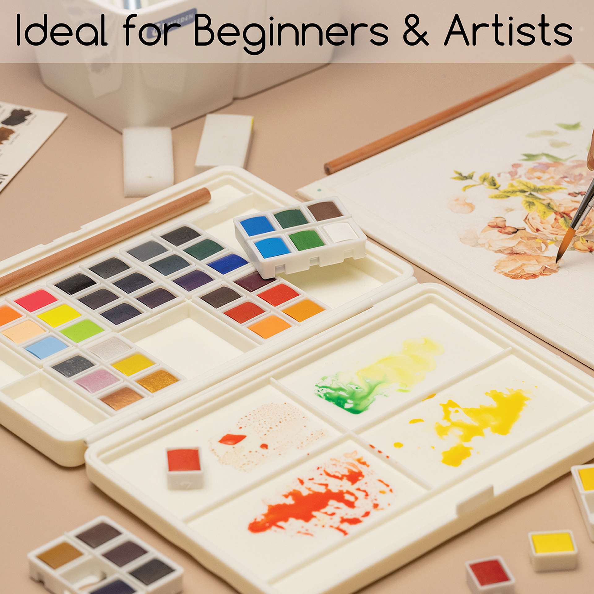 Meeden Watercolor Half Pans - Set of 48, Assorted Colors, Half Pans removed from palette and colors mixed on palette lid