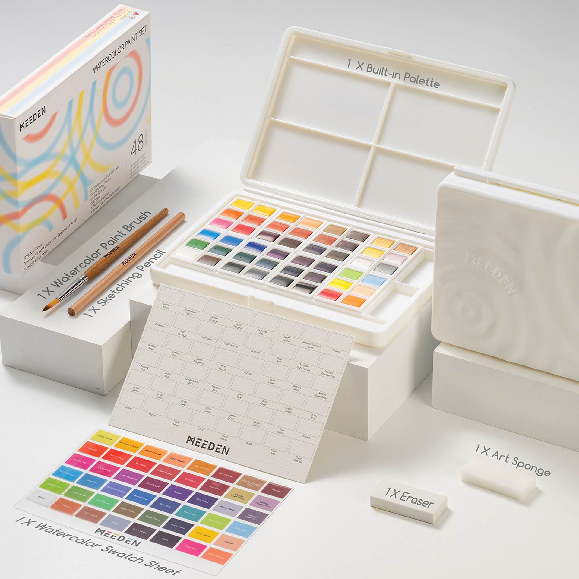 Meeden Watercolor Half Pans - Set of 48, Assorted Colors, Half Pan and other contents
