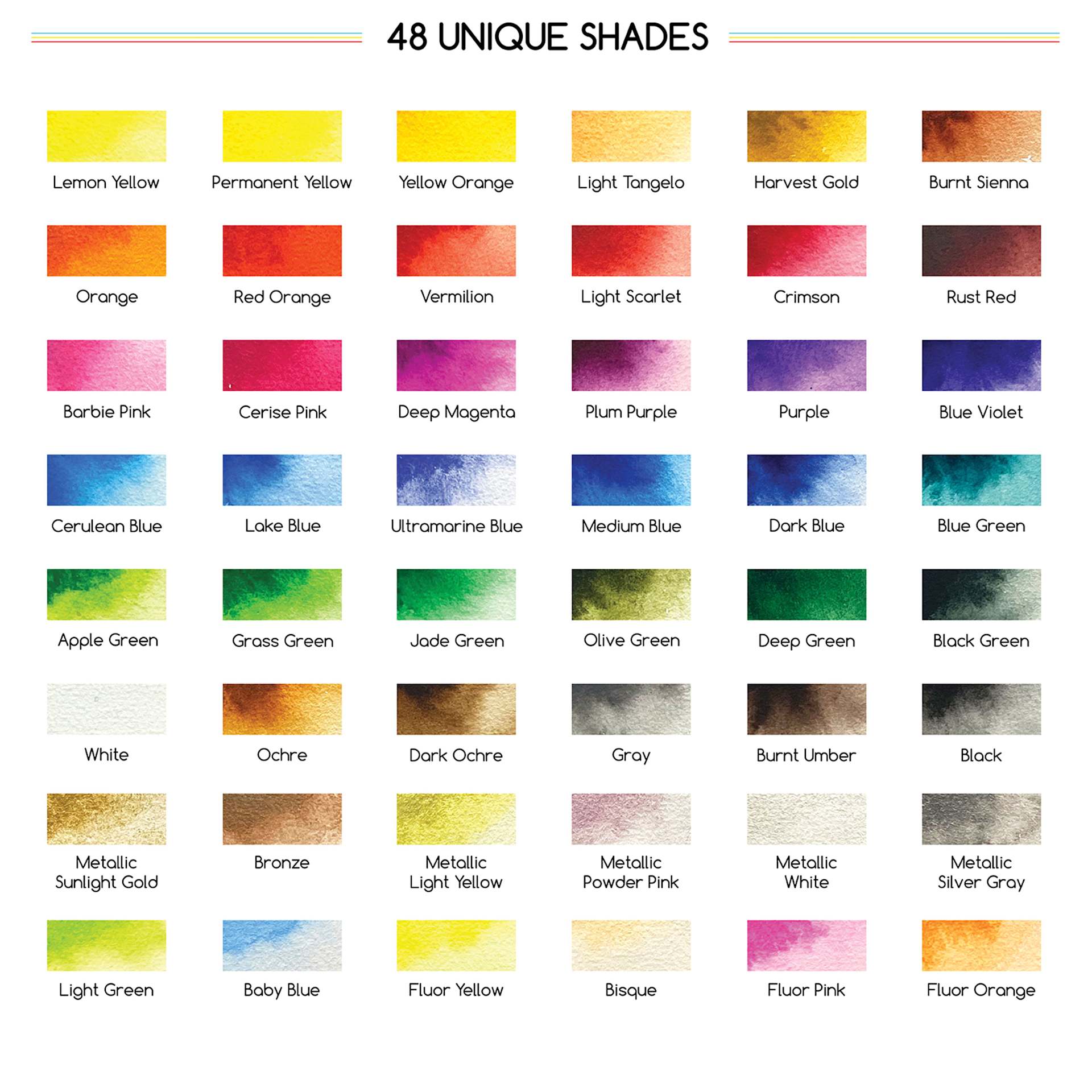 Meeden Watercolor Half Pans - Set of 48, Assorted Colors, swatches of included colors