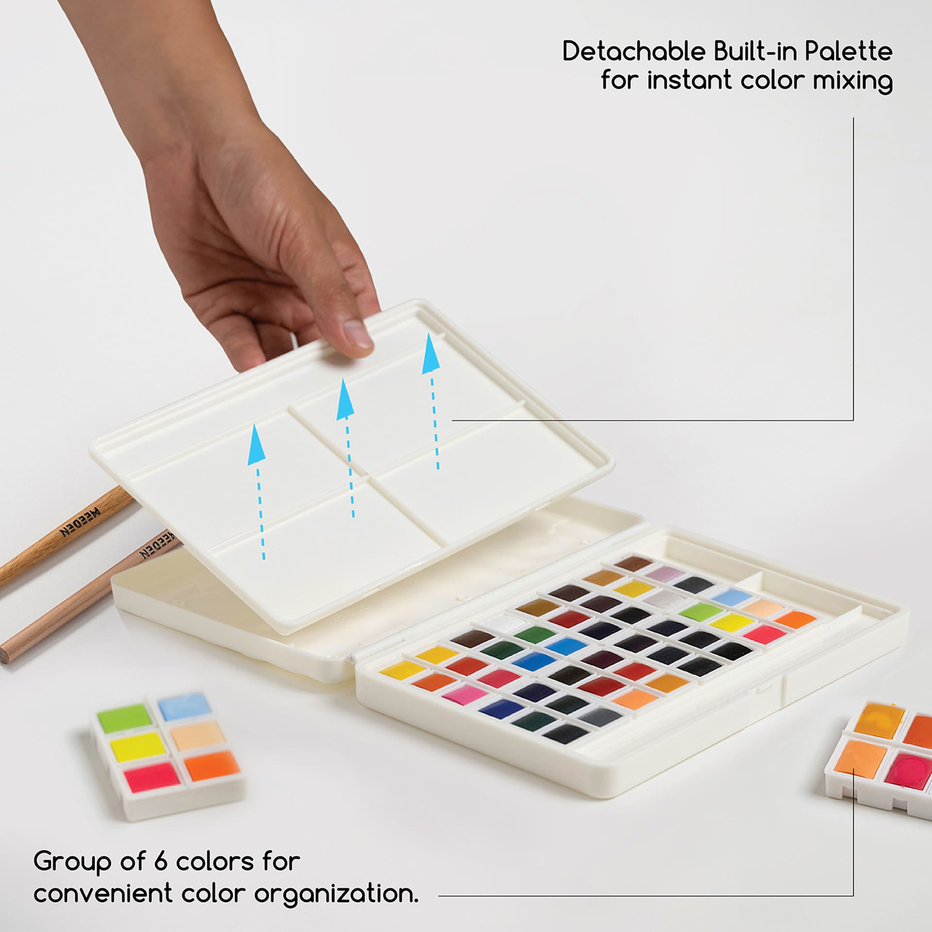 Detachable built-in palette, for instant color mixing. Group of 6 colors for convenient color organization.