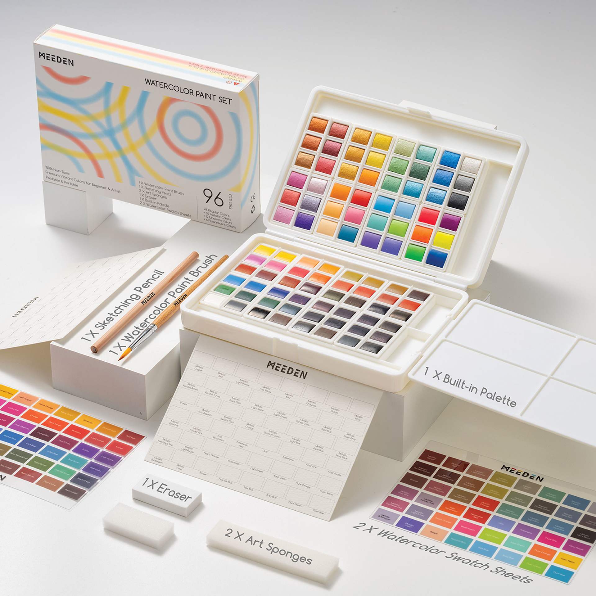 Meeden Watercolor Half Pans - Set of 96, Assorted Colors, Half Pan set contents