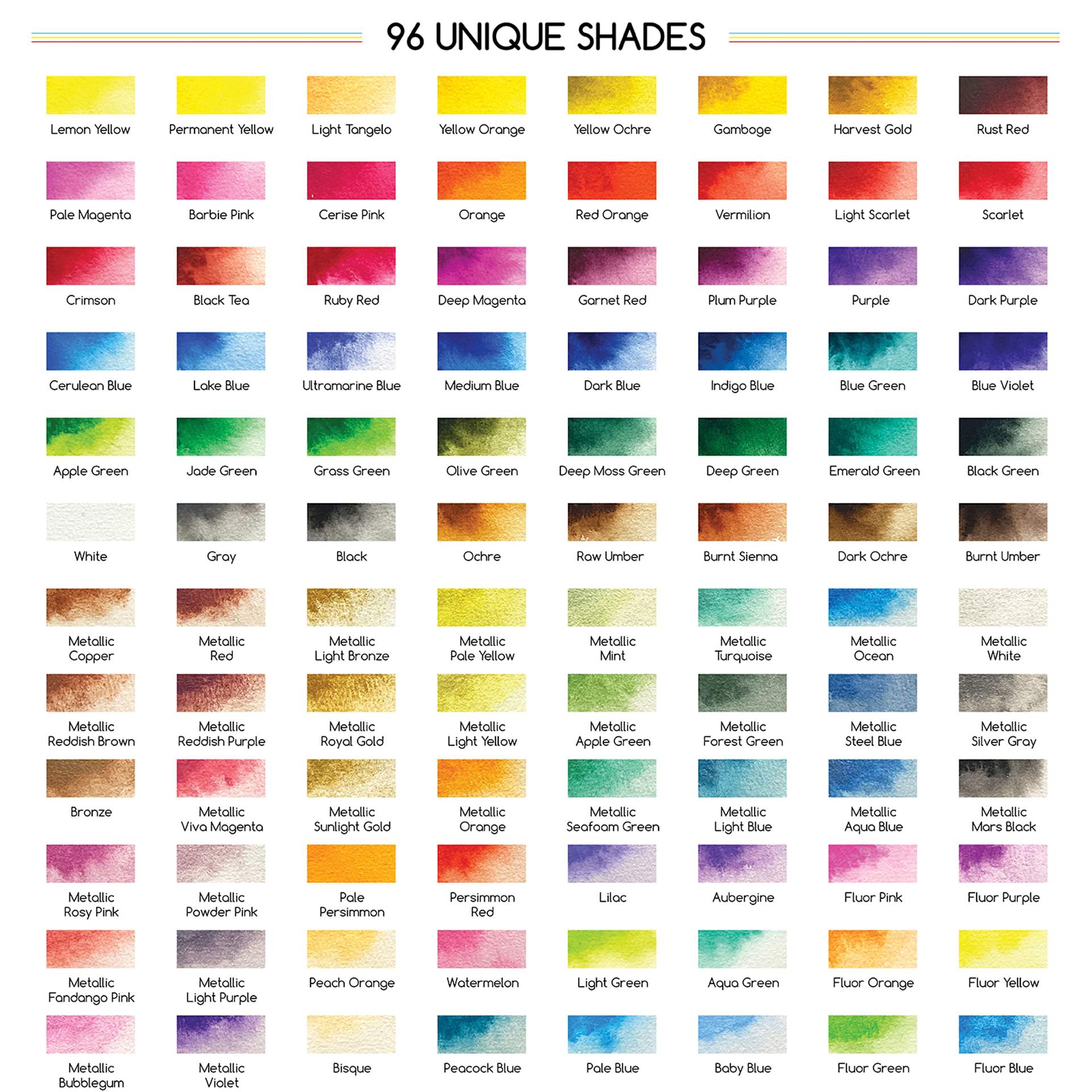 Meeden Watercolor Half Pans - Set of 96, Assorted Colors Swatches
