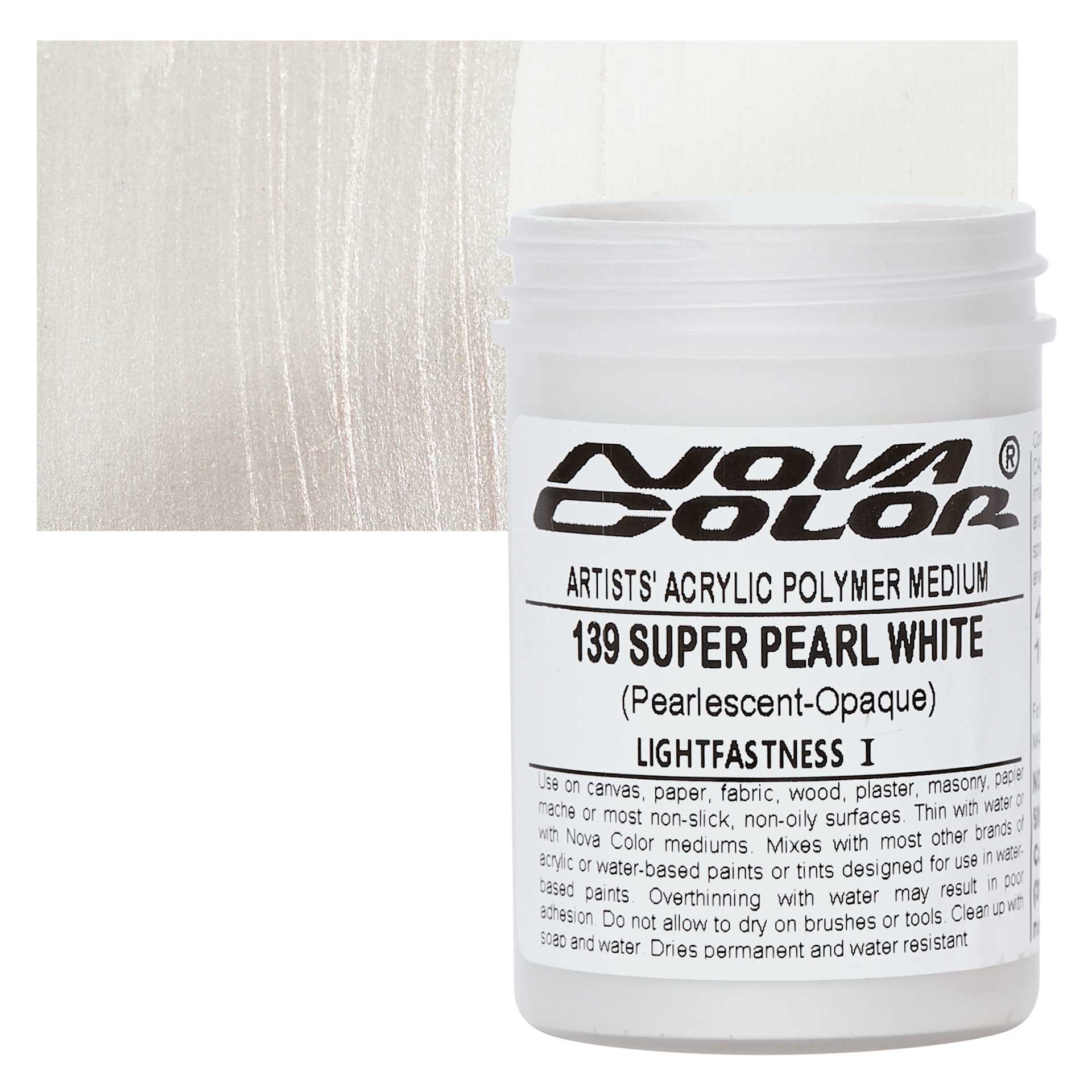Nova Color Artists’ Acrylic Polymer Paint - Super Pearl White, 118 ml Jar and swatch