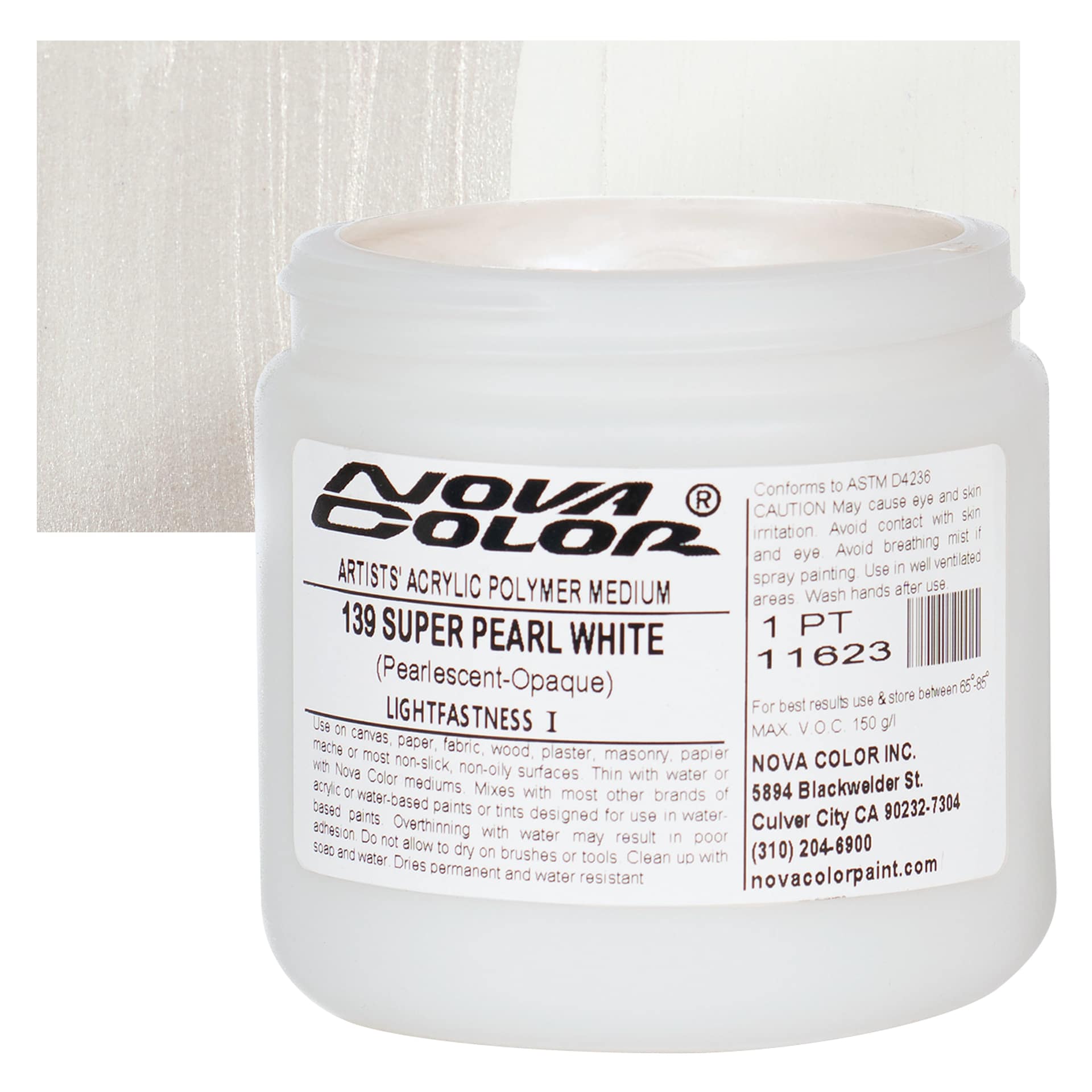 Nova Color Artists’ Acrylic Polymer Paint - Super Pearl White, 473 ml Jar and swatch