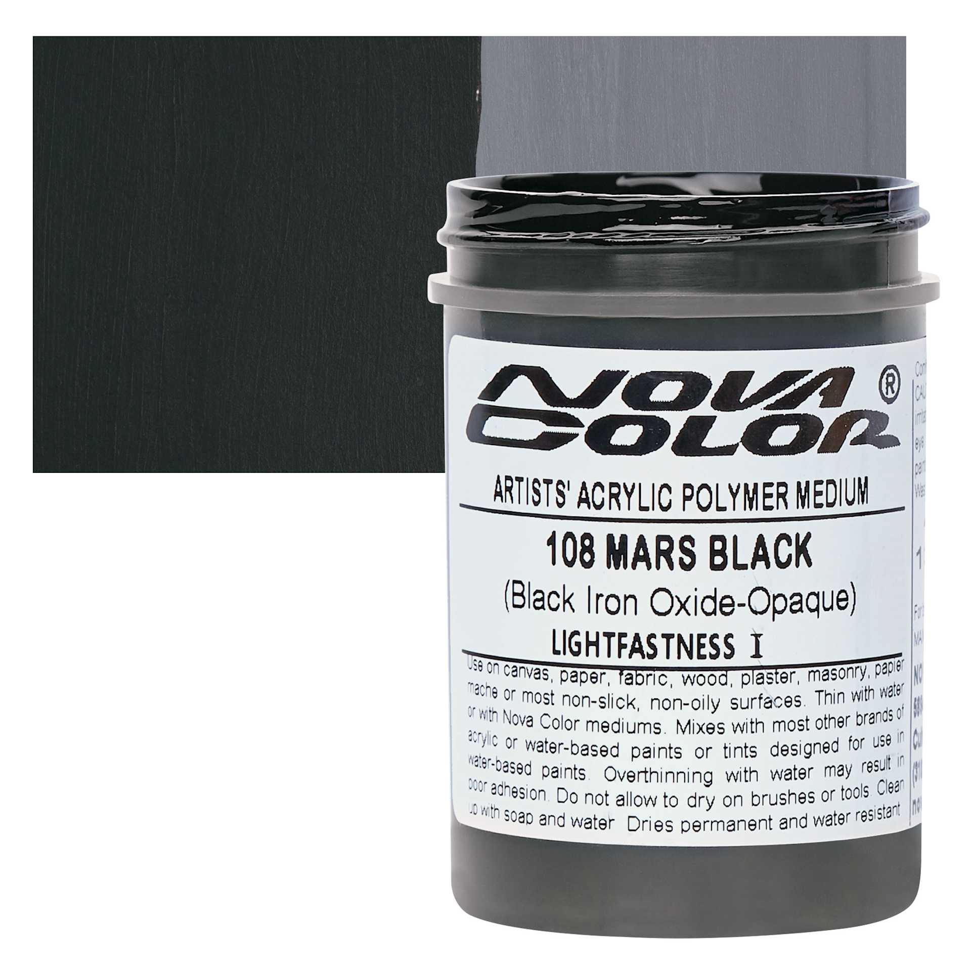 Nova Color Artists’ Acrylic Polymer Paint - Iron Oxide Mars Black, 118 ml Jar and swatch