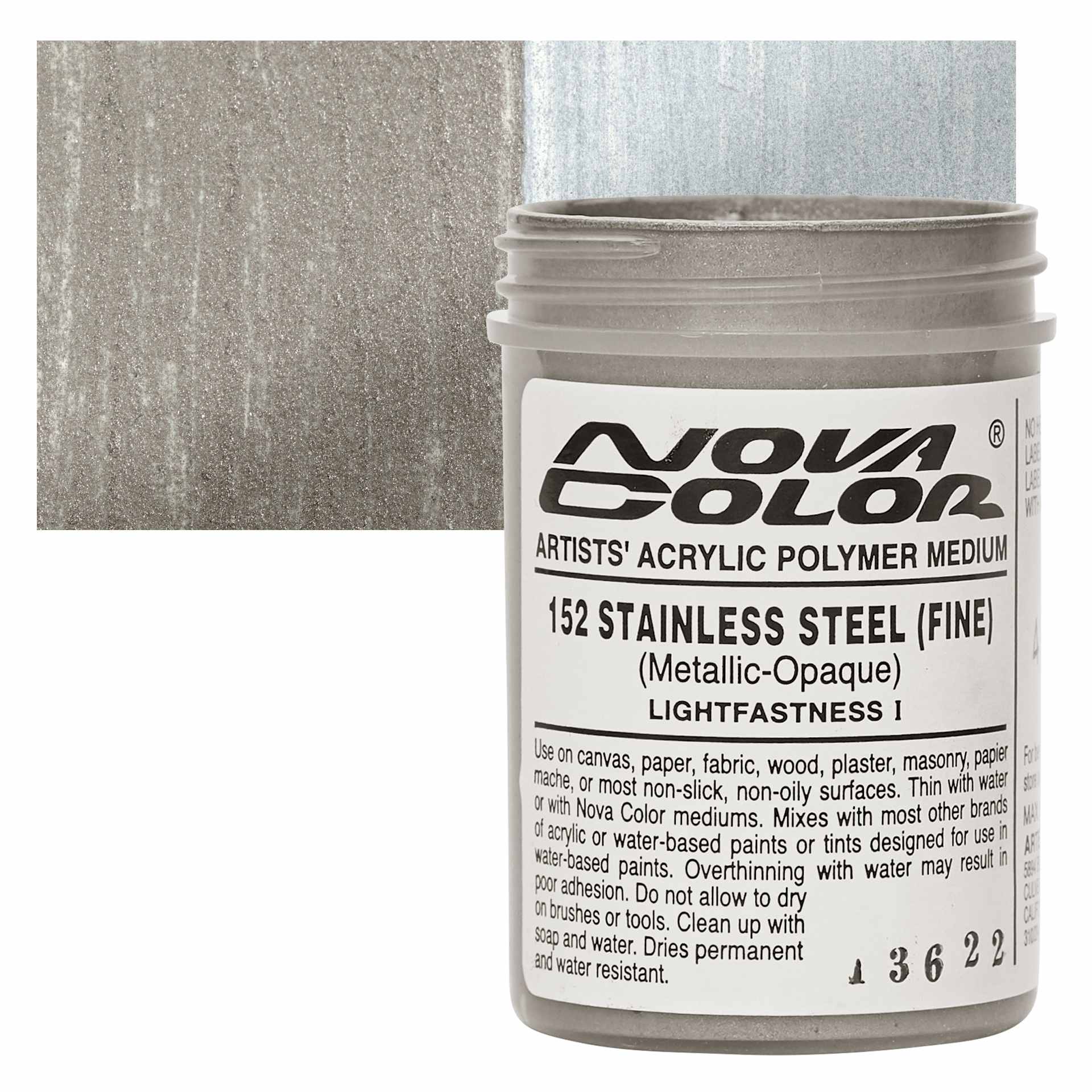 Nova Color Artists’ Acrylic Polymer Paint - Stainless Steel Fine, 118 ml Jar and swatch