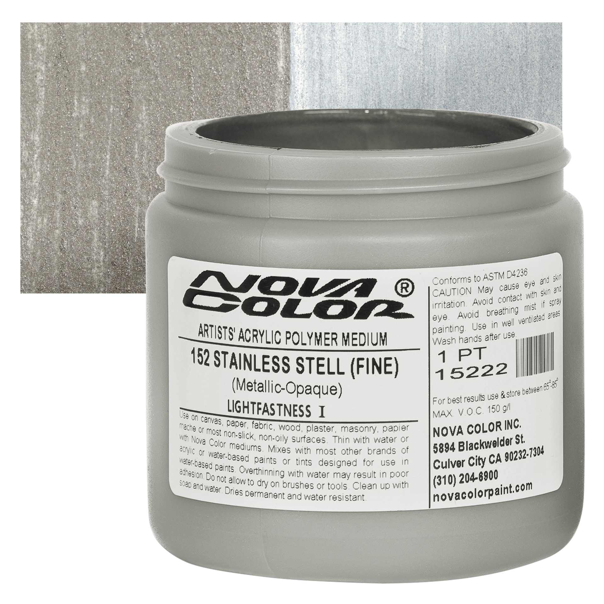 Nova Color Artists’ Acrylic Polymer Paint - Stainless Steel Fine, 473 ml Jar and swatch