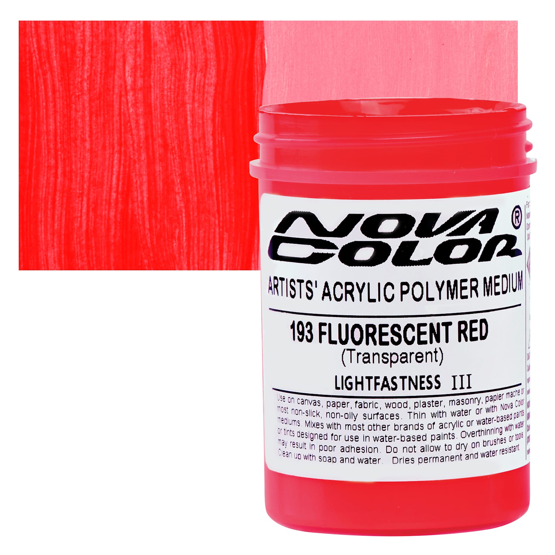 Nova Color Artists’ Acrylic Polymer Paint - Fluorescent Red, 118 ml Jar and swatch