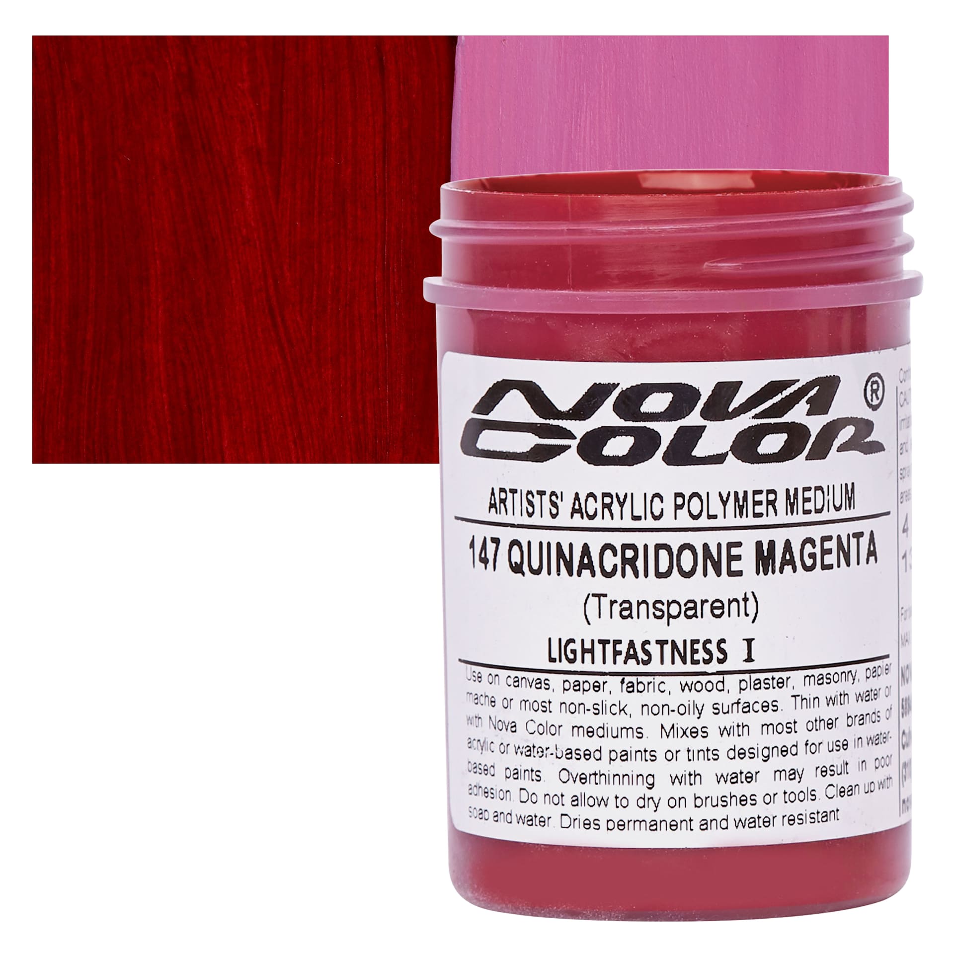 Nova Color Artists’ Acrylic Polymer Paint - Quinacridone Magenta, 118 ml Jar and swatch