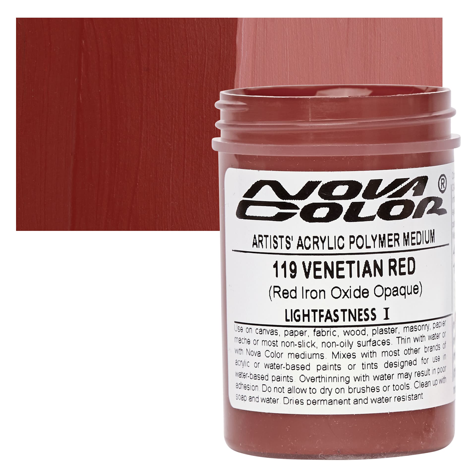 Nova Color Artists’ Acrylic Polymer Paint - Venetian Iron Oxide Red, 118 ml Jar and swatch