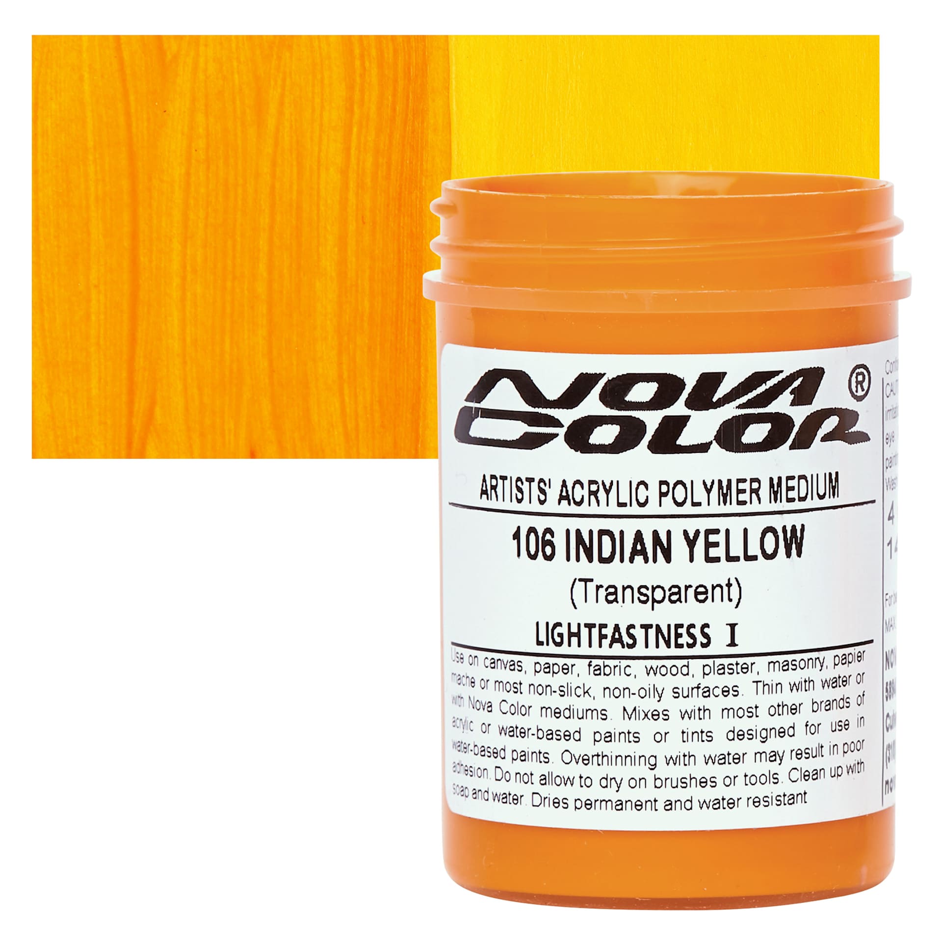 Nova Color Artists’ Acrylic Polymer Paint - Indian Yellow Azo, 118 ml Jar and swatch