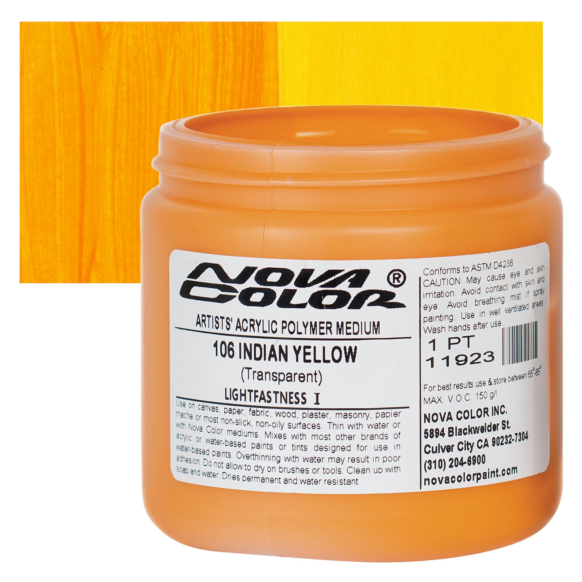 Nova Color Artists’ Acrylic Polymer Paint - Indian Yellow Azo, 473 ml Jar and swatch