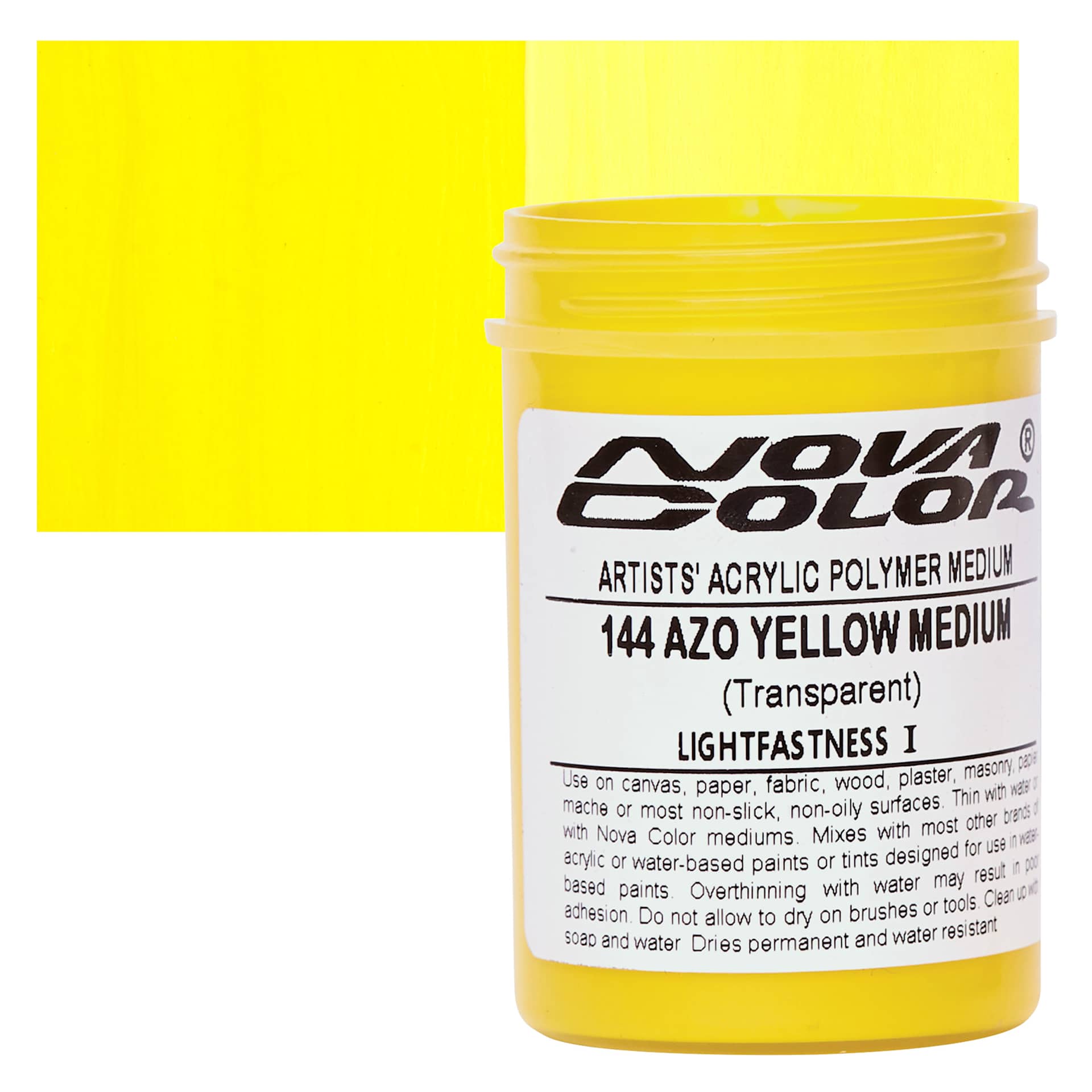 Nova Color Artists’ Acrylic Polymer Paint - Azo Yellow Medium, 118 ml Jar and swatch