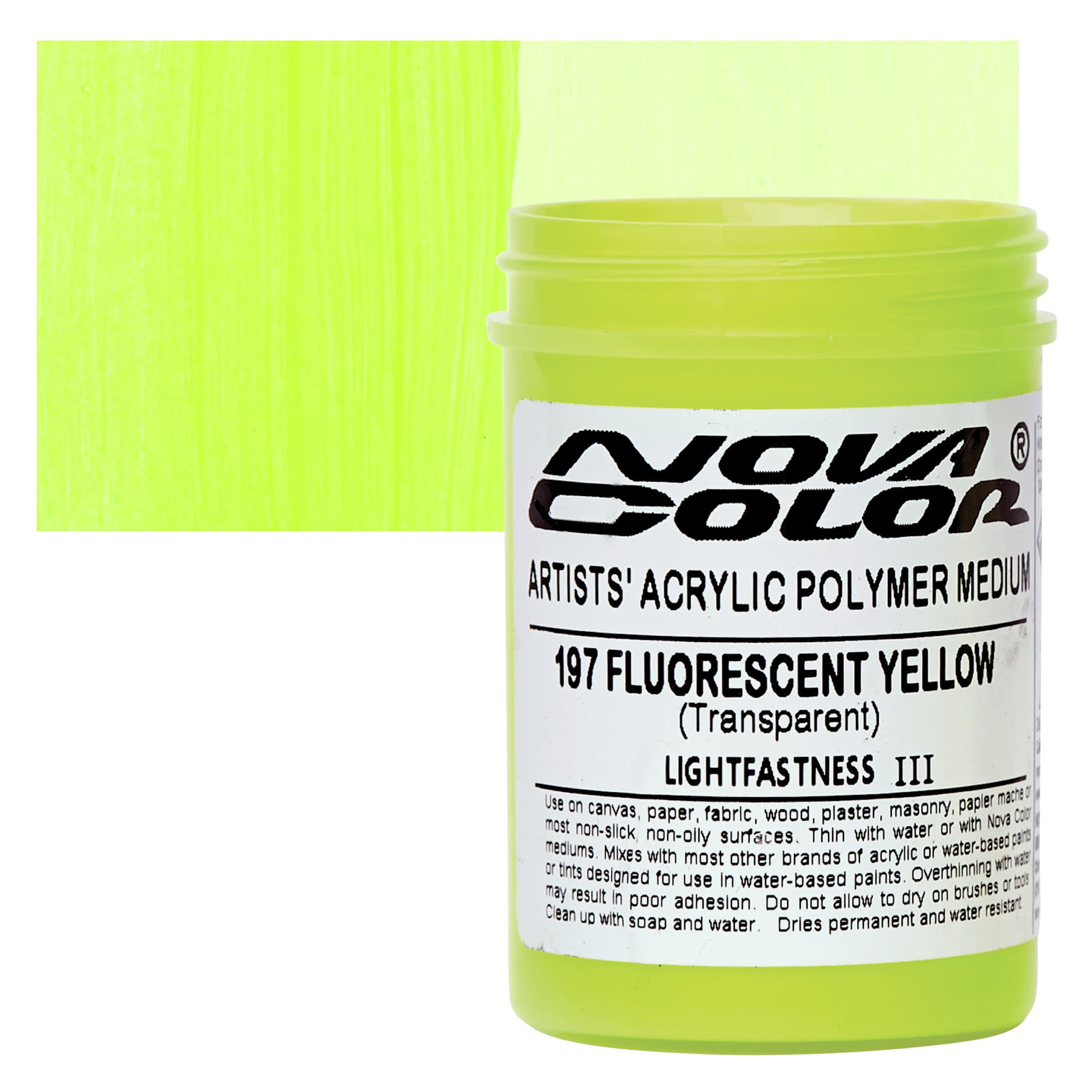 Nova Color Artists’ Acrylic Polymer Paint - Fluorescent Yellow, 118 ml Jar and swatch