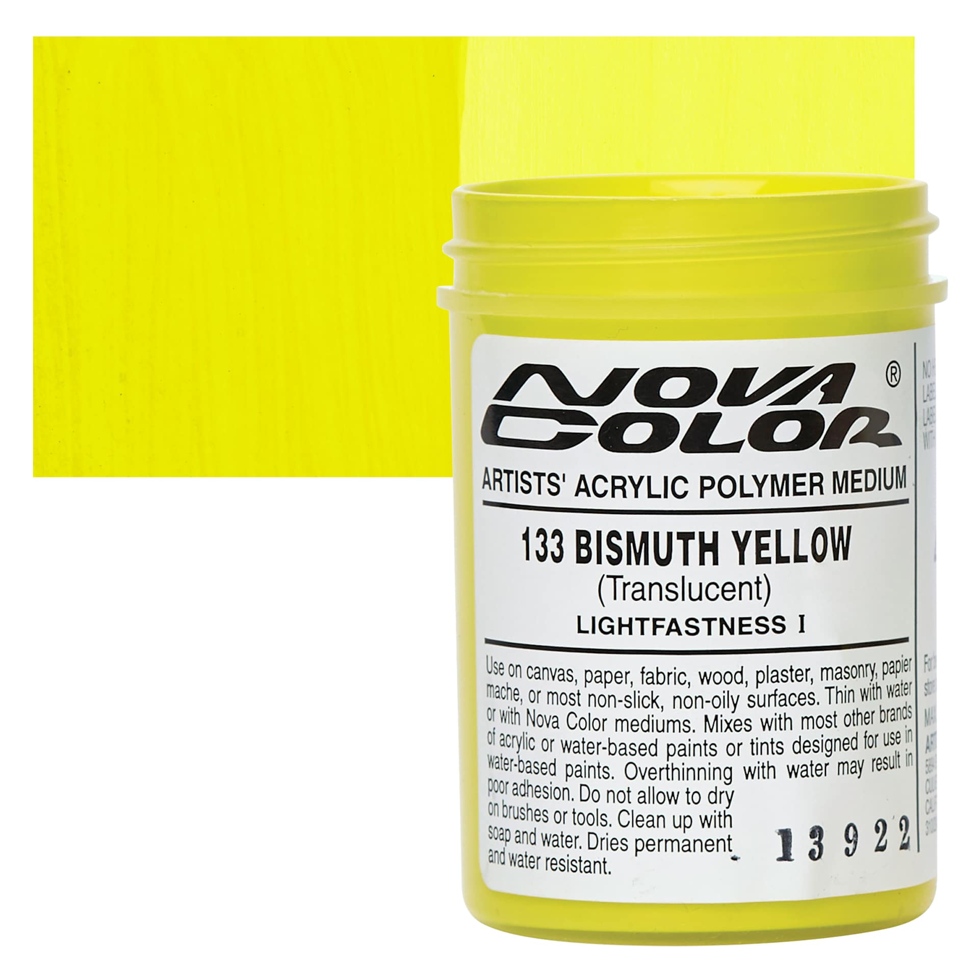 Nova Color Artists’ Acrylic Polymer Paint - Bismuth Yellow, 118 ml Jar and swatch