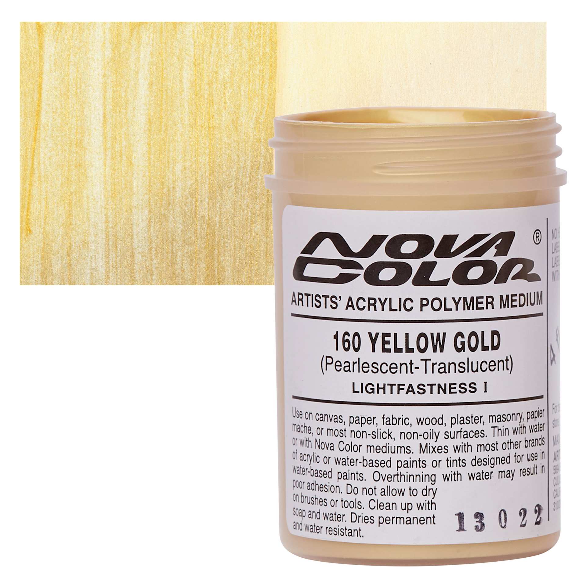 Nova Color Artists’ Acrylic Polymer Paint - Yellow Gold Pearl, 118 ml Jar and swatch