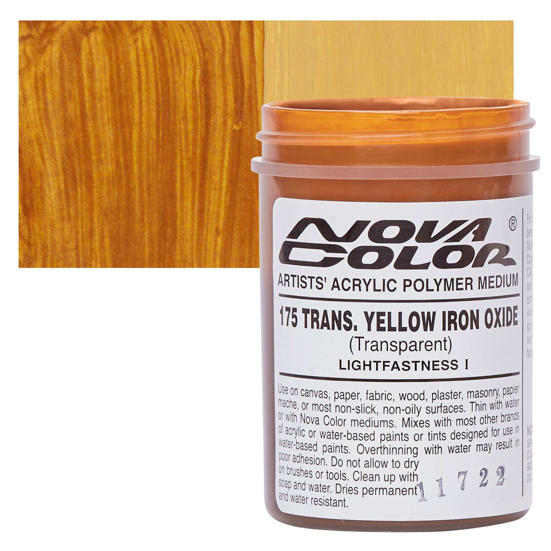 Nova Color Artists’ Acrylic Polymer Paint - Transparent Yellow Iron Oxide, 118 ml Jar and swatch
