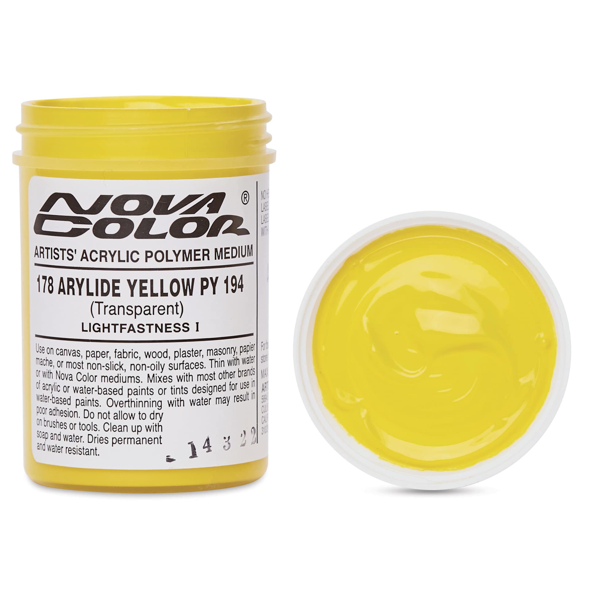 Nova Color Artists’ Acrylic Polymer Paint -  Arylide Yellow (PY194), 118 ml Jar