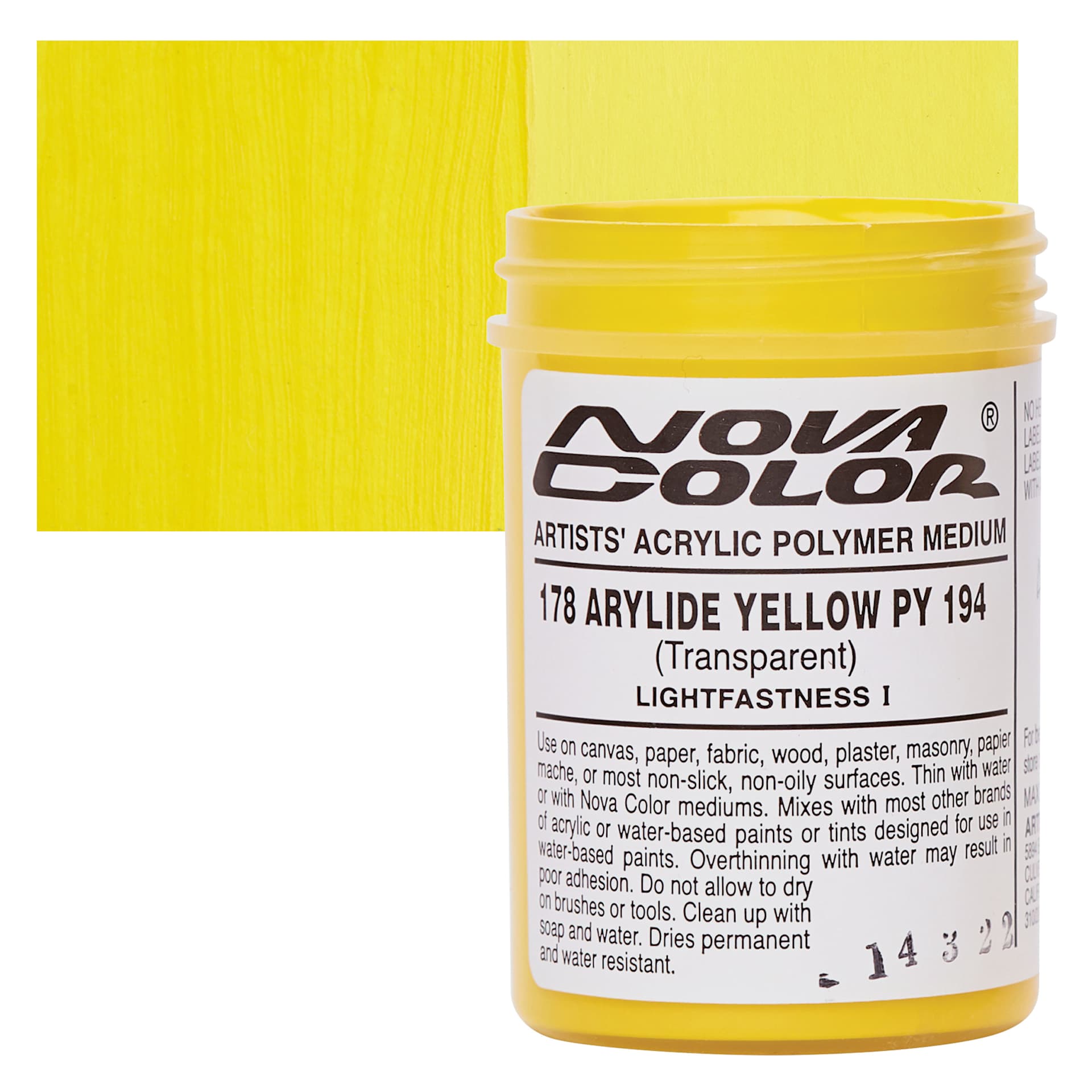 Nova Color Artists’ Acrylic Polymer Paint -  Arylide Yellow (PY194), 118 ml Jar and swatch