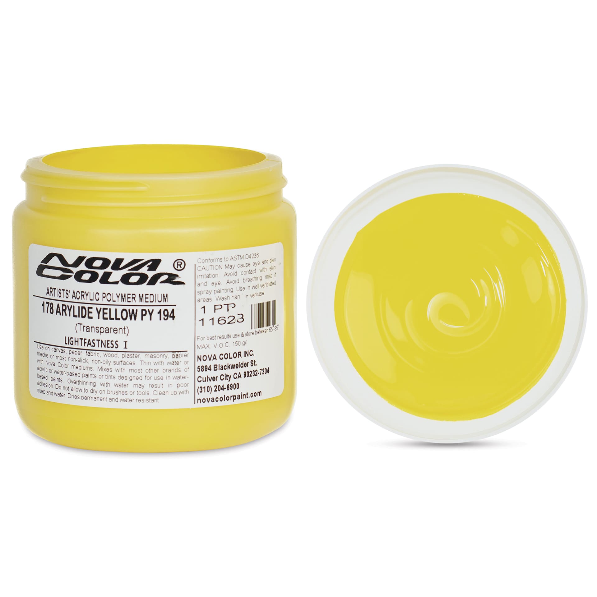 Nova Color Artists’ Acrylic Polymer Paint -  Arylide Yellow (PY194), 473 ml Jar