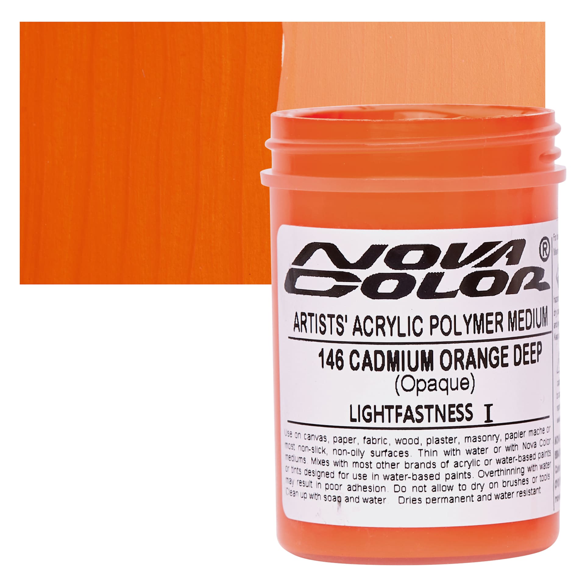 Nova Color Artists’ Acrylic Polymer Paint - Cadmium Orange Deep, 118 ml Jar and swatch