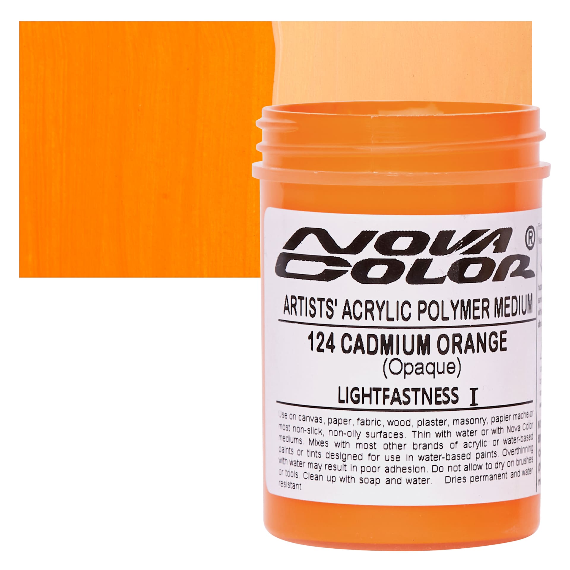 Nova Color Artists’ Acrylic Polymer Paint - Cadmium Orange, 118 ml Jar and swatch
