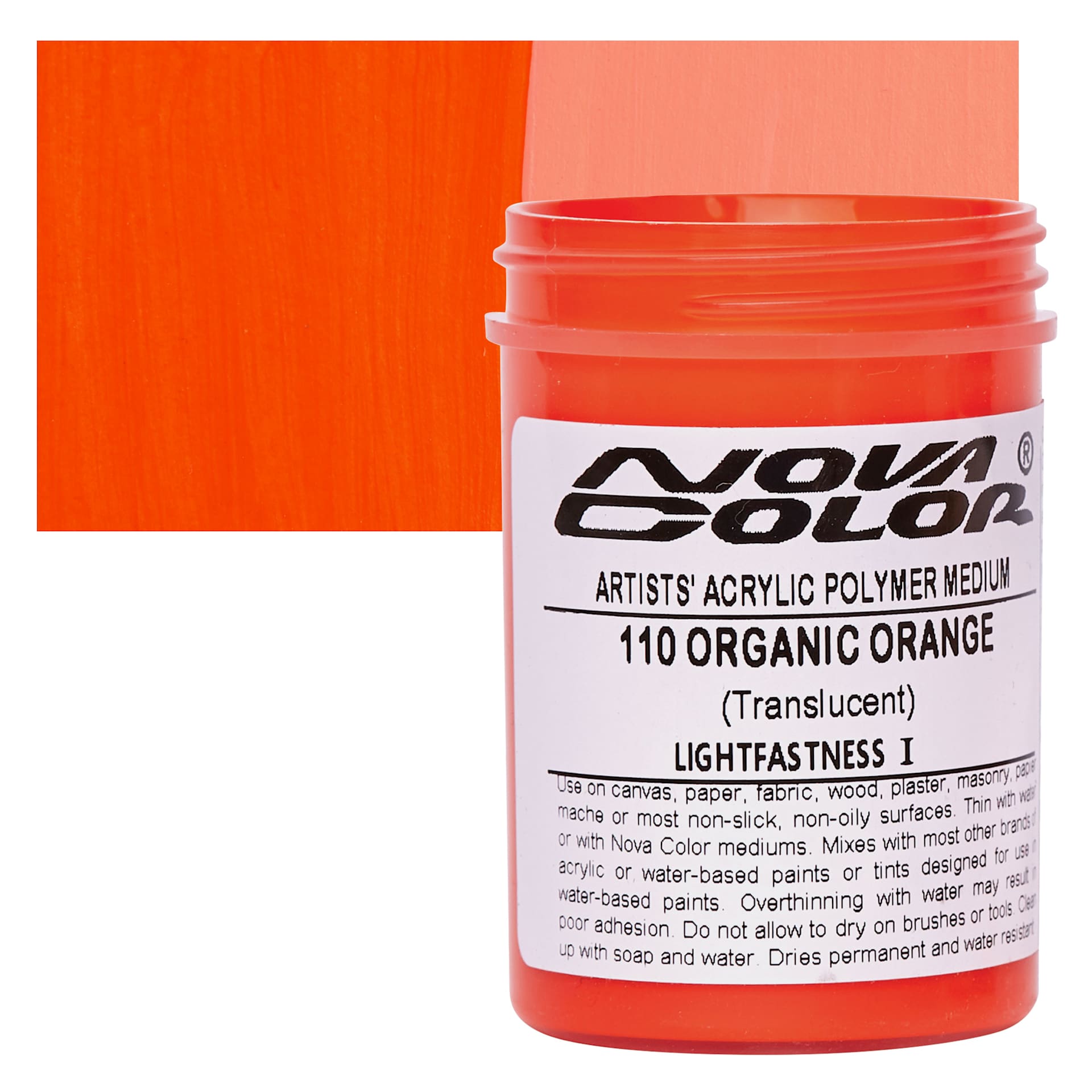 Nova Color Artists’ Acrylic Polymer Paint - Organic Pyrrole Orange, 118 ml Jar and swatch