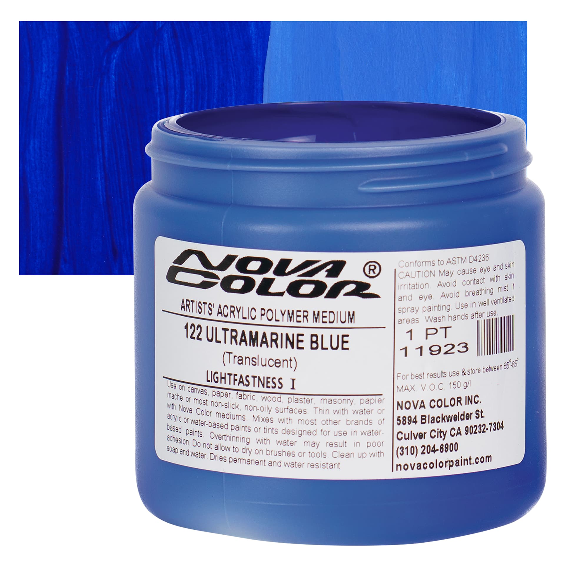 Nova Color Artists’ Acrylic Polymer Paint - Ultramarine Blue, 473 ml Jar and swatch