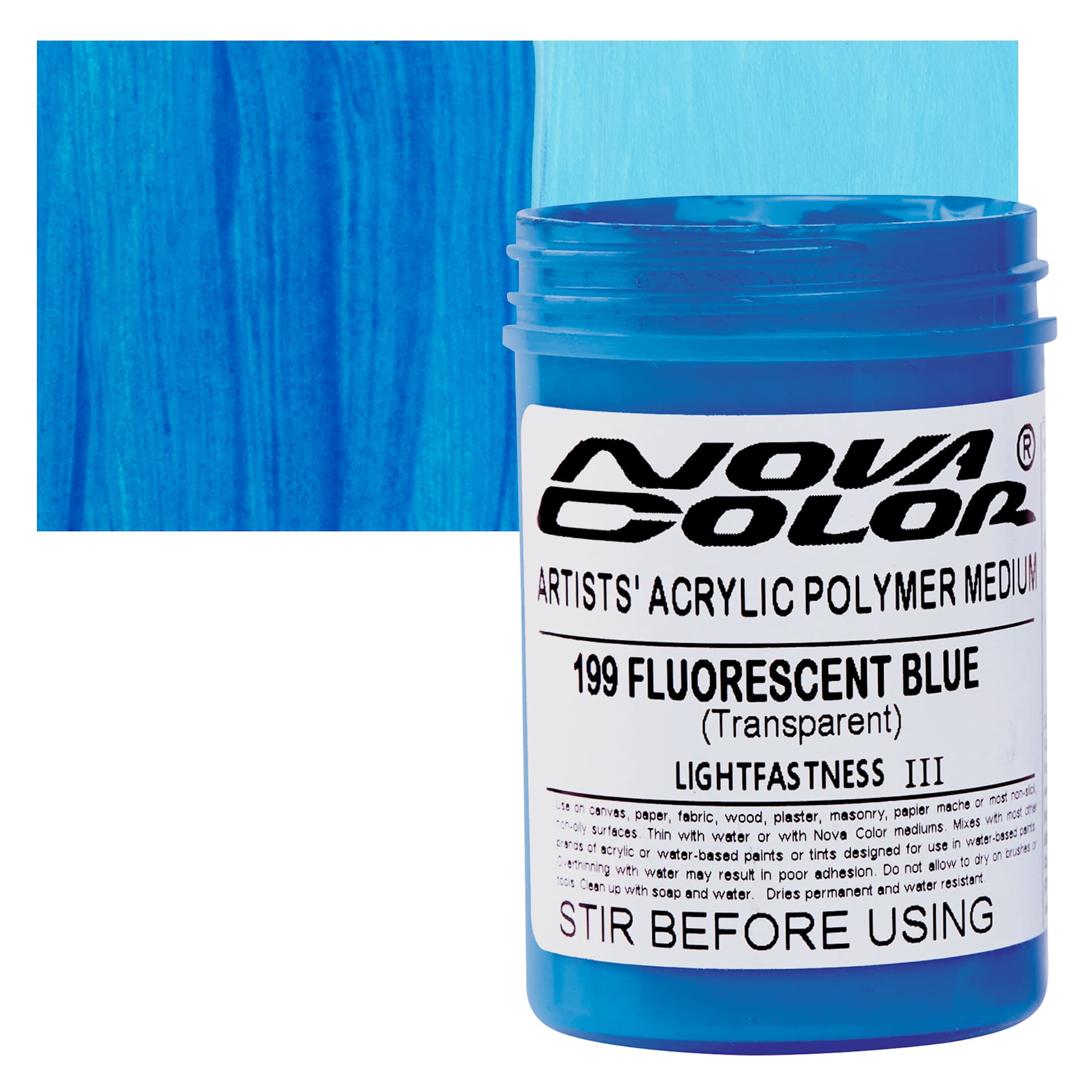 Nova Color Artists’ Acrylic Polymer Paint - Fluorescent Blue, 118 ml Jar and swatch