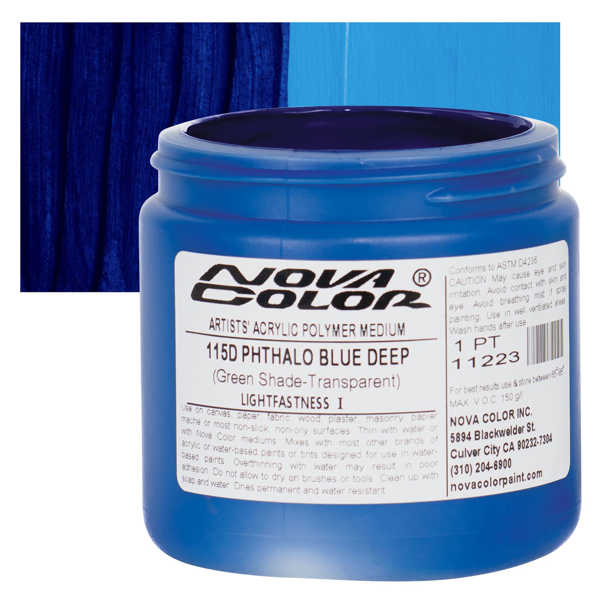 Nova Color Artists’ Acrylic Polymer Paint - Phthalo Blue Deep Green Shade, 473 ml Jar and swatch