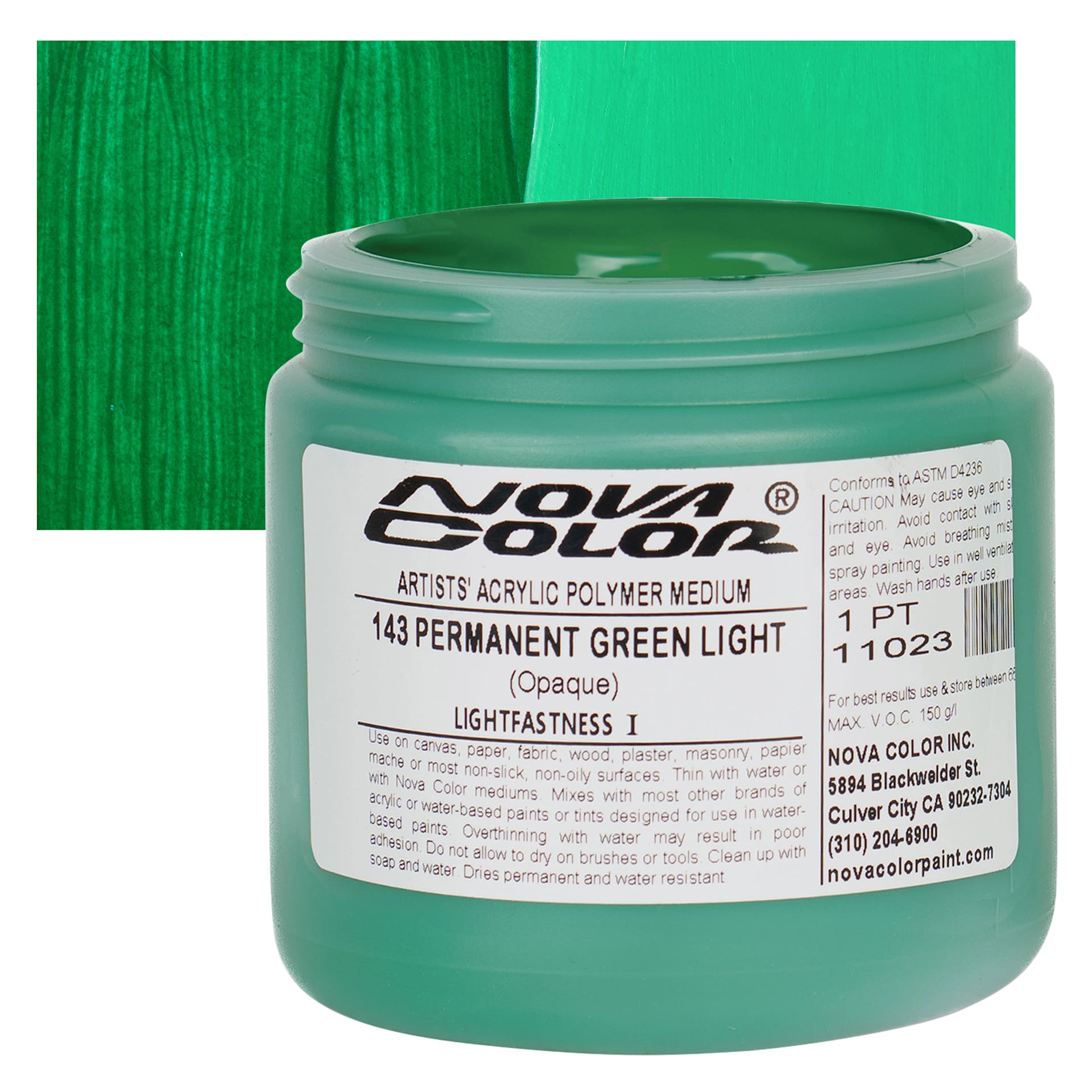 Nova Color Artists’ Acrylic Polymer Paint - Permanent Green Light, 473 ml Jar and swatch