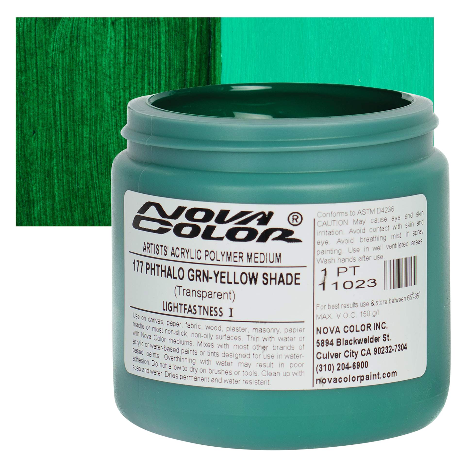 Nova Color Artists’ Acrylic Polymer Paint - Phthalo Green Yellow Shade, 473 ml Jar and swatch