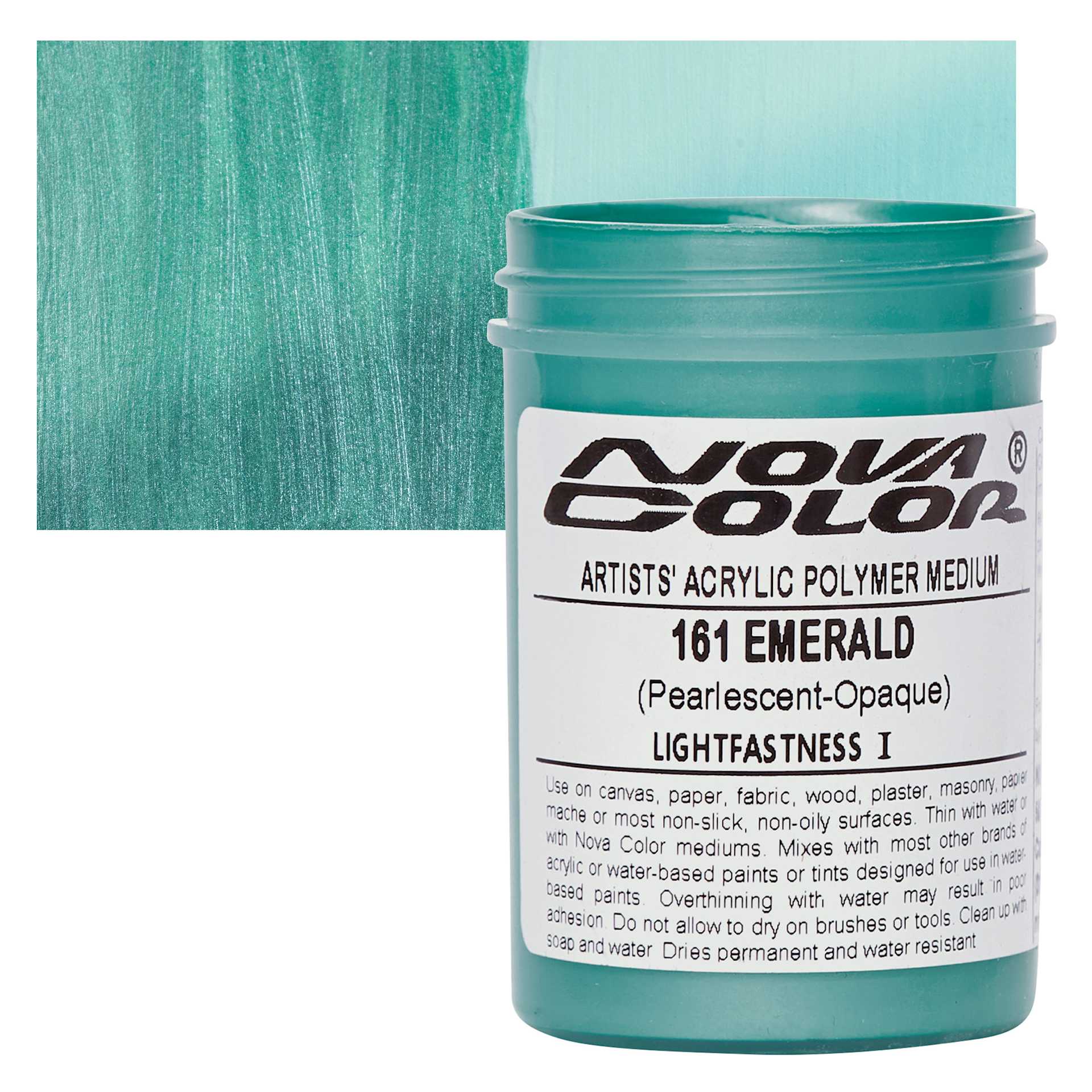 Nova Color Artists’ Acrylic Polymer Paint - Emerald Pearl, 118 ml Jar and swatch