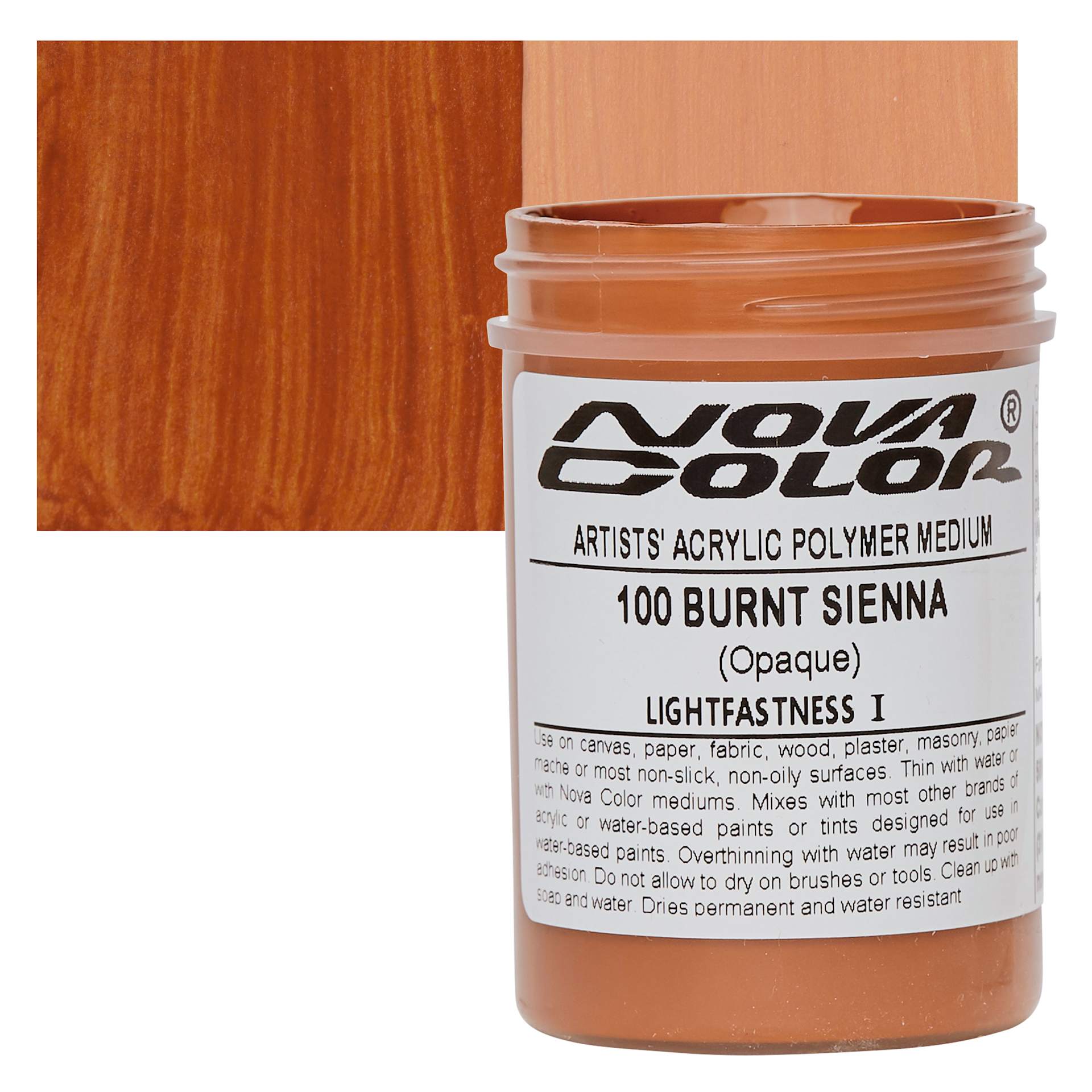 Nova Color Artists’ Acrylic Polymer Paint - Burnt Sienna, 473 ml Jar and swatch