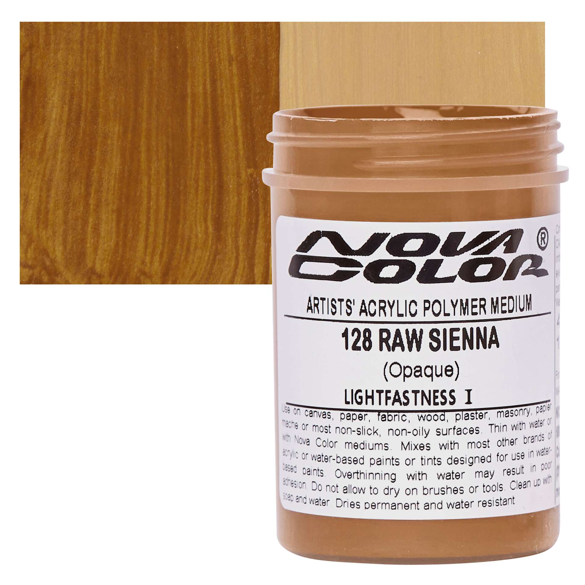 Nova Color Artists’ Acrylic Polymer Paint - Raw Sienna, 118 ml Jar and swatch