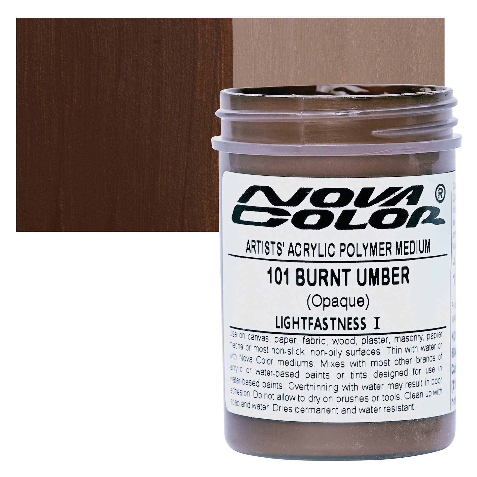 Nova Color Artists’ Acrylic Polymer Paint -  Burnt Umber, 118 ml Jar and swatch