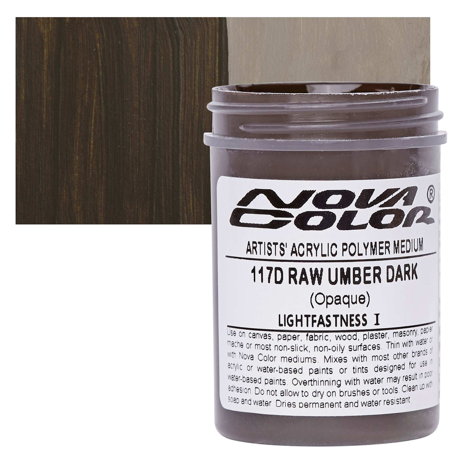 Nova Color Artists’ Acrylic Polymer Paint - Raw Umber Dark, 118 ml Jar and swatch