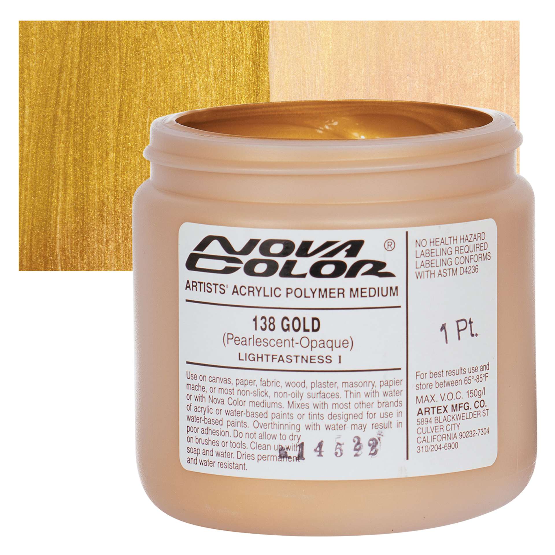 Nova Color Artists’ Acrylic Polymer Paint - Gold Pearl, 473 ml Jar and swatch