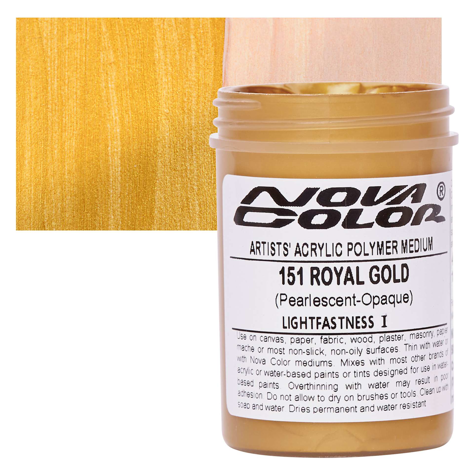 Nova Color Artists’ Acrylic Polymer Paint - Royal Gold Pearl, 118 ml Jar and swatch