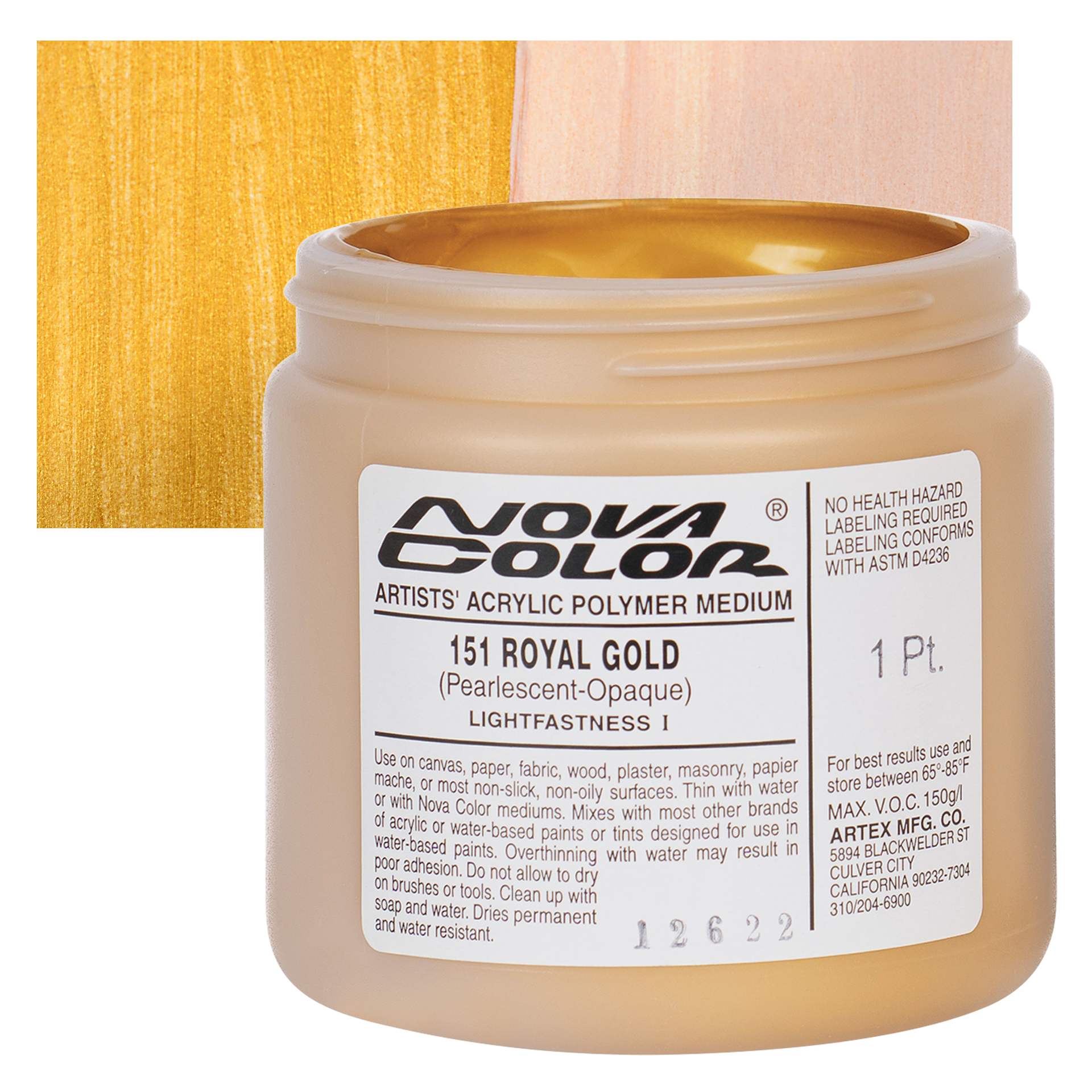 Nova Color Artists’ Acrylic Polymer Paint - Royal Gold Pearl, 473 ml Jar and swatch
