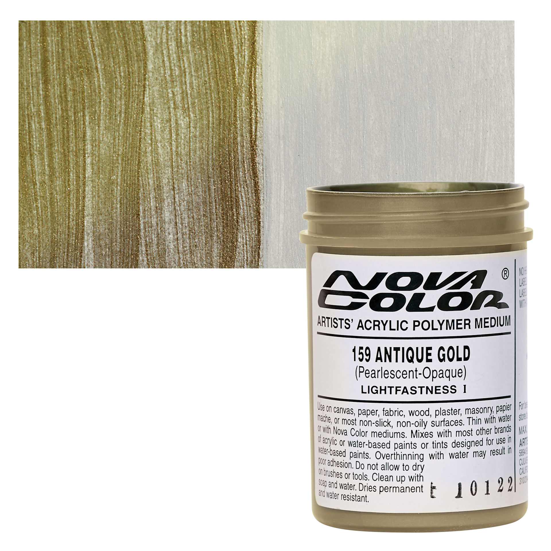 Nova Color Artists’ Acrylic Polymer Paint - Antique Gold, 118 ml Jar and swatch