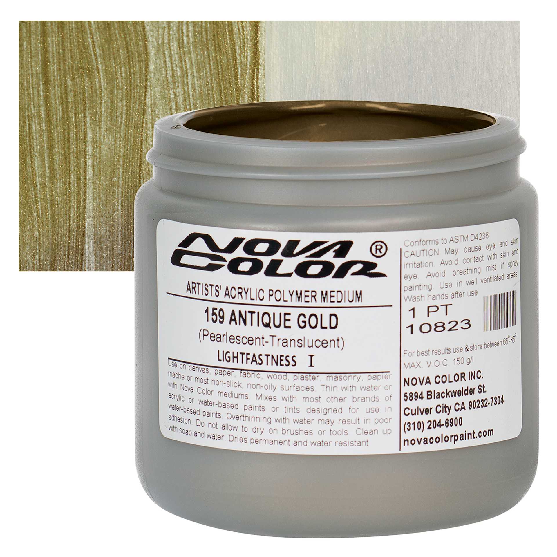 Nova Color Artists’ Acrylic Polymer Paint -  Antique Gold, 473 ml Jar and swatch