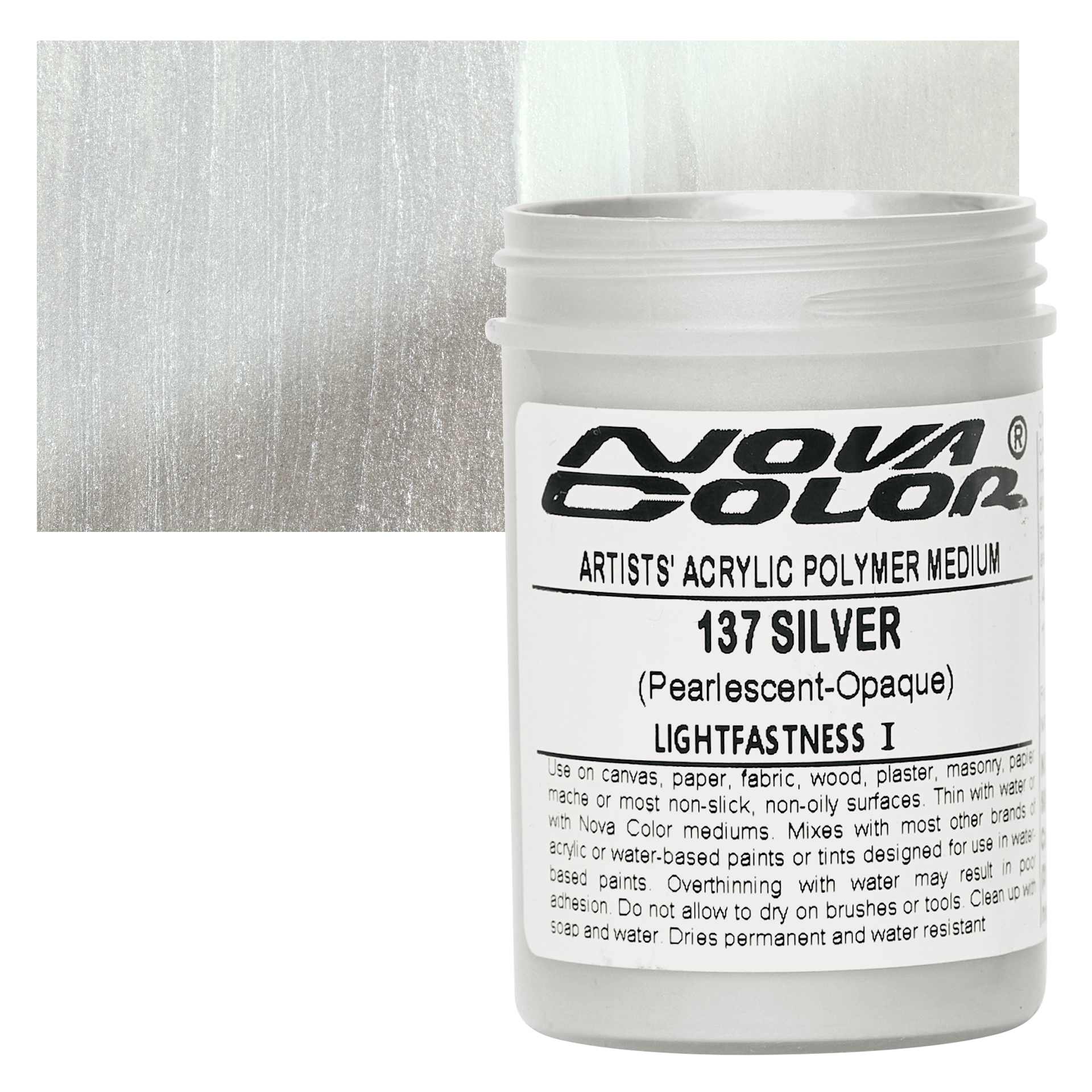 Nova Color Artists’ Acrylic Polymer Paint - Silver Pearl, 118 ml Jar and swatch