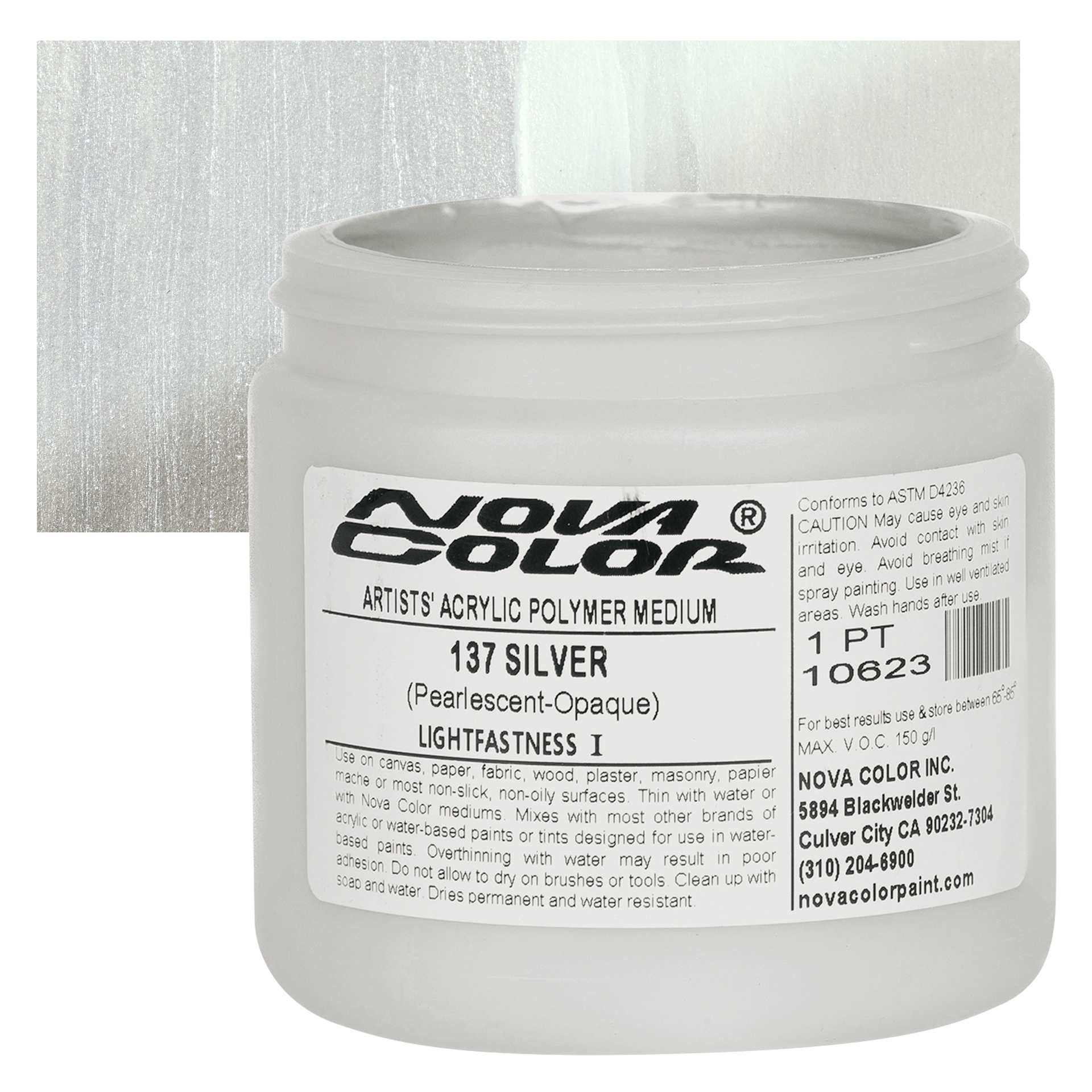 Nova Color Artists’ Acrylic Polymer Paint - Silver Pearl, 473 ml Jar and swatch