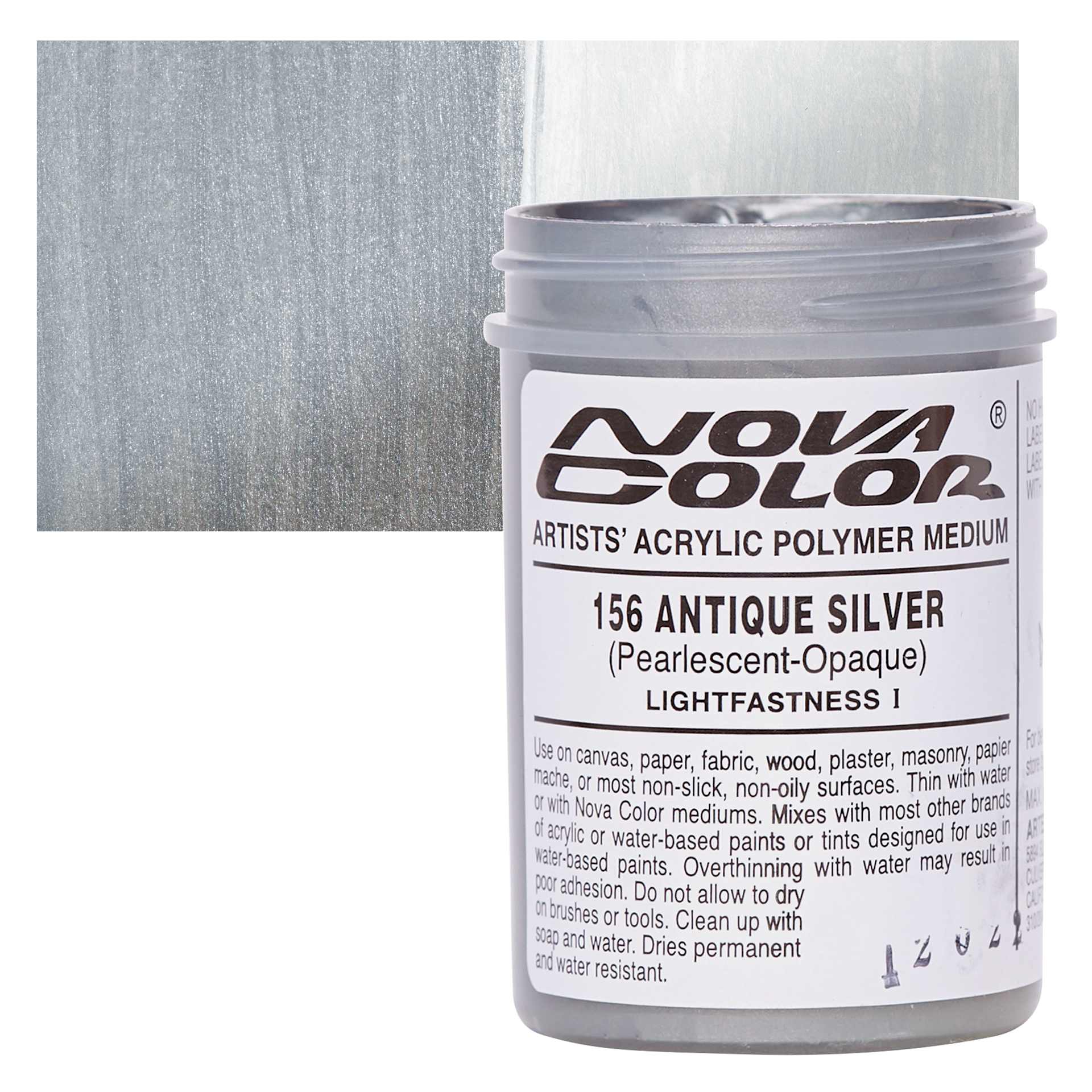 Nova Color Artists’ Acrylic Polymer Paint - Antique Silver, 118 ml Jar and swatch