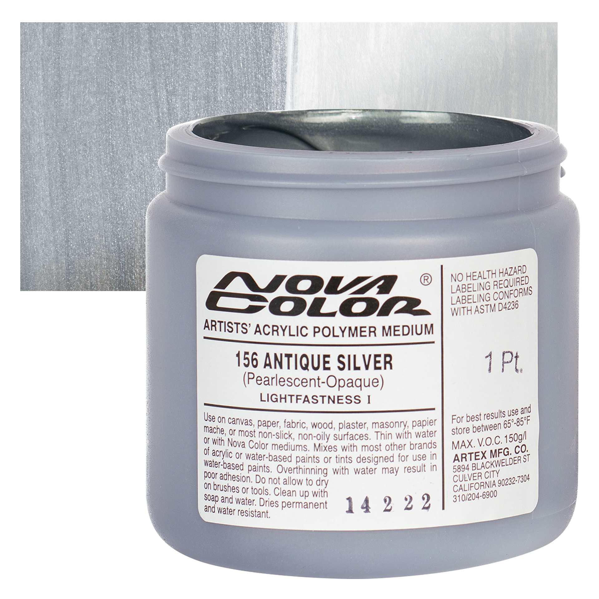 Nova Color Artists’ Acrylic Polymer Paint - Antique Silver, 473 ml Jar and swatch