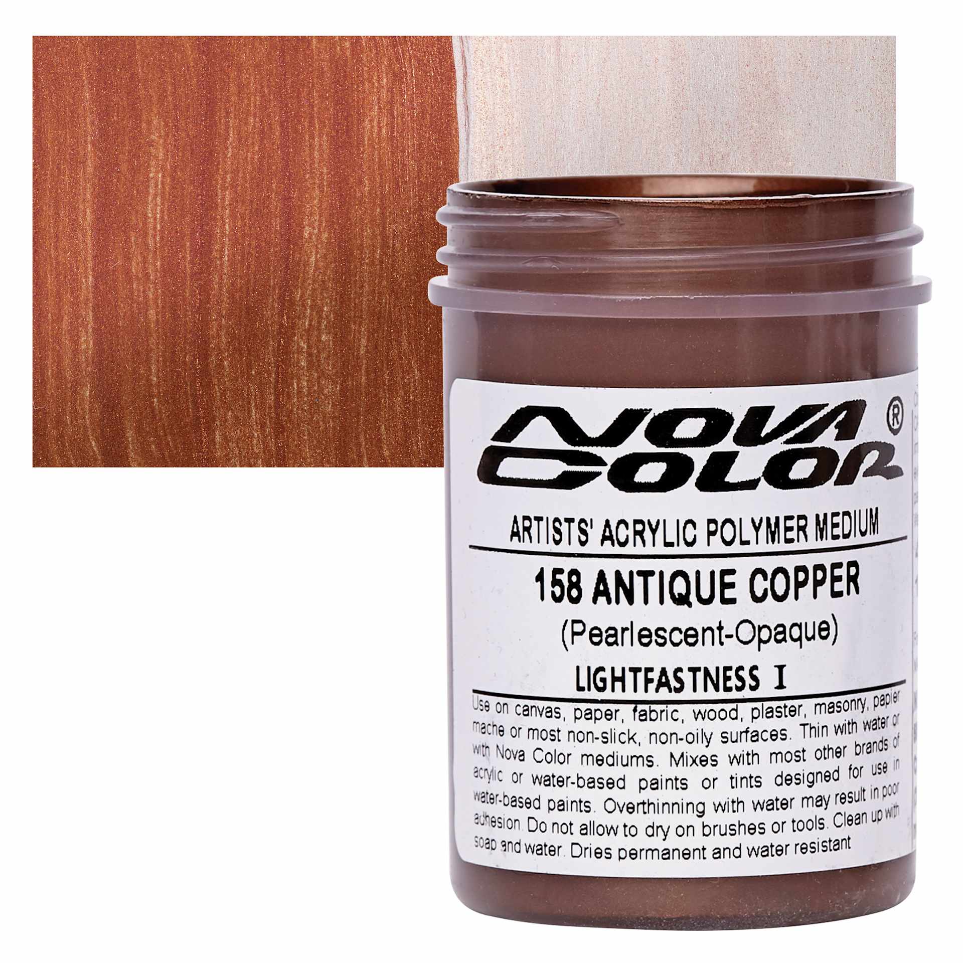 Nova Color Artists’ Acrylic Polymer Paint - Antique Copper, 118 ml Jar and swatch