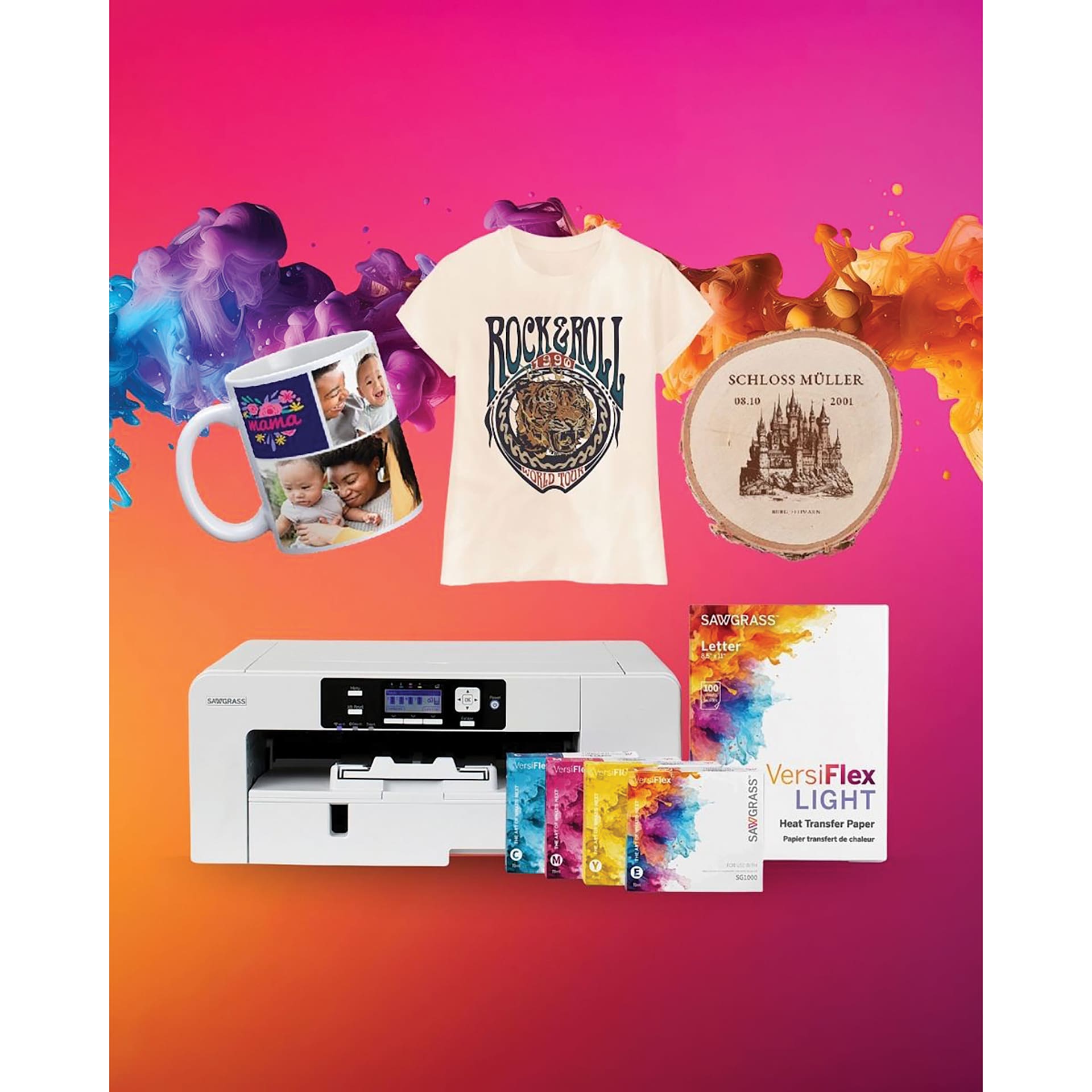 Sawgrass VersiFlex Hybrid Printing System with finished t-shirt, mug, and wooden slice examples